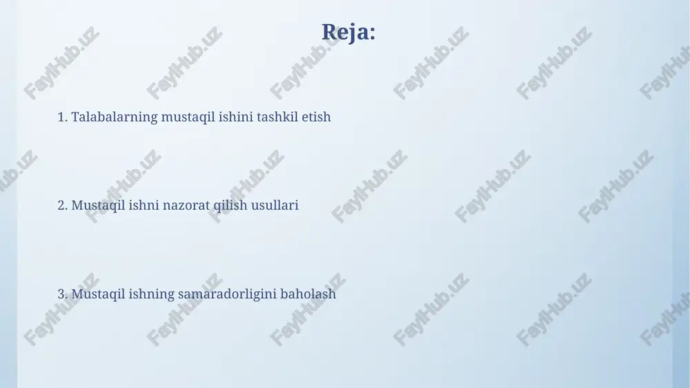 sh lozim. bilim, tushunish, qo'llash, tahlil, sintez va baholash bosqichlari o'quv maqsadlariga mos kelishi shart. mustaqil ish uchun topshiriqlar ishlab chiqish mustaqil ish topshiriqlari talabalarning bilim darajasini aniqlash uchun testlar, savollar, vaziyatli masalalar va ijodiy loyihalarni o'z ichiga olishi mumkin. topsiriqlar tuzishda darslik materiallari bilan bir qatorda, ilmiy maqolalar, elektron resurslar va real hayotdan olingan amaliy misollardan foydalanish maqsadga muvofiq. talabalarga yo'l-yo'riq ko'rsatish va maslahat berish talabalarga yo'l-yo'riq ko'rsatishda individual yondashuv muhim, bunda ularning 100% ehtiyojlarini aniqlash va 2-3 ta shaxsiy o'quv rejalari bo'yicha maslahat berish lozim. maslahat berish jarayonida talabalarga 70% o'zini o'zi boshqarish strategiyalarini o'rgatish va 30% amaliy ko'nikmalarni rivojlantirishga e'tibor qaratish kerak. resurslar va vositalarni ta'minlash talabalarning mustaqil ishini qo'llab-quvvatlash uchun 24/7 kutubxona resurslari, onlayn ma'lumotlar bazalari va interaktiv o'quv platformalari kabi zamonaviy vositalar muhim ahamiyatga ega. har bir talaba uchun yetarli kompyuter texnikasi, dasturiy ta'minot (masalan, spss, matlab) va yuqori tezlikdagi internet aloqasi kabi zarur texnologik …