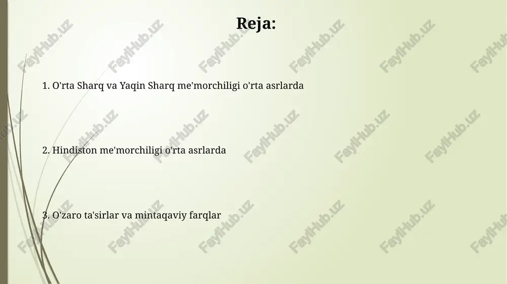 bojxona to'lovlari va tovarlar saqlash uchun muhim markaz vazifasini o'tagan. bozorlar, 'bazaarlar', shaharlarning yuragi bo'lib, hunarmandchilik ustaxonalari, do'konlar va masjidlar bilan birga joylashgan, aholining kundalik ehtiyojlarini qondirib, iqtisodiy o'sishni ta'minlagan. bezak va san'at: naqshlar, xattotlik va haykaltaroshlik bezak va san'atda naqshlar 10-12-asrlarda geometrik shakllar, o'simlik naqshlari va kalligrafik yozuvlardan iborat murakkab kompozitsiyalarni o'z ichiga olgan. xattotlik bezakda asosiy rol o'ynagan, ayniqsa diniy binolarda, qur'on oyatlari kufiy va nasx uslublarida yozilgan, ular san'at asari hisoblangan. me'moriy meros va uning ahamiyati me'moriy meros 7-16-asrlarda yaratilgan inshootlarni o'z ichiga oladi va ularning saqlanishi kelajak avlodlar uchun madaniy boylikni ta'minlaydi, bu juda muhimdir. ushbu merosning ahamiyati 12 ta asosiy yo'nalishda namoyon bo'ladi, jumladan, tarixiy xotirani saqlash va milliy o'zlikni shakllantirish, shuningdek turizmni rivojlantirish muhim ahamiyat kasb etadi. e'tiboringiz uchun rahmat image2.jpg image3.jpg image4.jpg image5.jpg image6.jpg image7.jpg image8.jpg