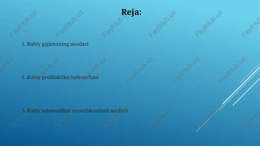 lar, testlar va kuzatuv tadbirlarini o'z ichiga oladi. stressni boshqarish strategiyalari stressni boshqarish uchun 4-7-8 nafas olish texnikasi mavjud, bunda to'rt soniya nafas olish, yetti soniya ushlab turish va sakkiz soniya davomida chiqarish stressni kamaytiradi. muntazam jismoniy mashqlar, masalan, haftasiga 150 daqiqa o'rtacha intensivlikdagi aerobika, stress gormonlarini kamaytiradi va endorfinlar ishlab chiqarishni rag'batlantiradi. emotsional intellektni rivojlantirish o'z hissiyotlarini 5 qadamlik jarayon orqali aniqlash, baholash va boshqarish, stressni kamaytirish hamda muvaffaqiyatga erishish uchun juda muhimdir. empatiyani rivojlantirish, boshqalarning nuqtai nazarini tushunish, muloqotda samaradorlikni oshirish va ijtimoiy munosabatlarni yaxshilash uchun muhim ahamiyatga ega. o'z-o'ziga g'amxo'rlik qilish amaliyotlari kundalik ravishda 15-30 daqiqa davomida meditatsiya qilish yoki chuqur nafas olish mashqlari stressni kamaytiradi va umumiy ruhiy salomatlikni yaxshilashga yordam beradi. o'zingiz uchun qiziqarli bo'lgan 2-3 ta mashg'ulot bilan shug'ullanish (rasm chizish, musiqa tinglash) kayfiyatingizni ko'taradi va diqqatni jamlash qobiliyatini oshiradi. ijtimoiy qo'llab-quvvatlashning ahamiyati ijtimoiy qo'llab-quvvatlash ruhiy salomatlikni yaxshilaydi, stressni 30-40% kamaytiradi va muammolarni yengishda …