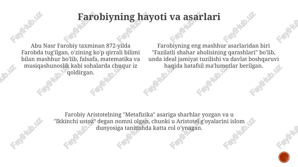ati 10 ta intellektual fazilatdan tashkil topgan bo'lib, bu unga mukammal qonunlar yaratishga imkon beradi. uning asosiy vazifalaridan biri adolatni o'rnatish, 2 xil adolatni ta'minlashdir: taqsimot adolati (har bir kishiga o'z hissasiga yarasha) va tuzatuvchi adolat (qonunbuzarliklarni bartaraf etish). ideal hukmdor 4 ta asosiy axloqiy fazilatga ega bo'lishi kerak: hikmat, jasorat, iffat va adolat. ular 100% ga amalda bo'lishi, bu orqali shahardagi jamiyatni boshqaradi. axloq va baxtga erishish baxtga erishish uchun farobiy 3 ta muhim omilni ta'kidlaydi: 'nazariy aql'ni rivojlantirish, 'axloqiy fazilatlarni' shakllantirish va 'ijtimoiy hamkorlik' orqali jamiyatga foyda keltirish. farobiy axloqni 'oliy maqsad'ga erishish vositasi deb biladi, bunda 12 ta asosiy axloqiy fazilatga ega bo'lish baxtga olib keladi va jamiyat ravnaqiga hissa qo'shadi. farobiyning fikricha, baxt - bu shaxsiy va ijtimoiy farovonlikning uyg'unligi, ya'ni 100 foiz individual muvaffaqiyat emas, balki jamiyatning o'zaro yordami orqali erishiladi. “fazilatli shahar”ning ta’siri va ahamiyati farobiyning “fazilatli shahar” asari axloqiy yetakchilik va adolat tamoyillarini …