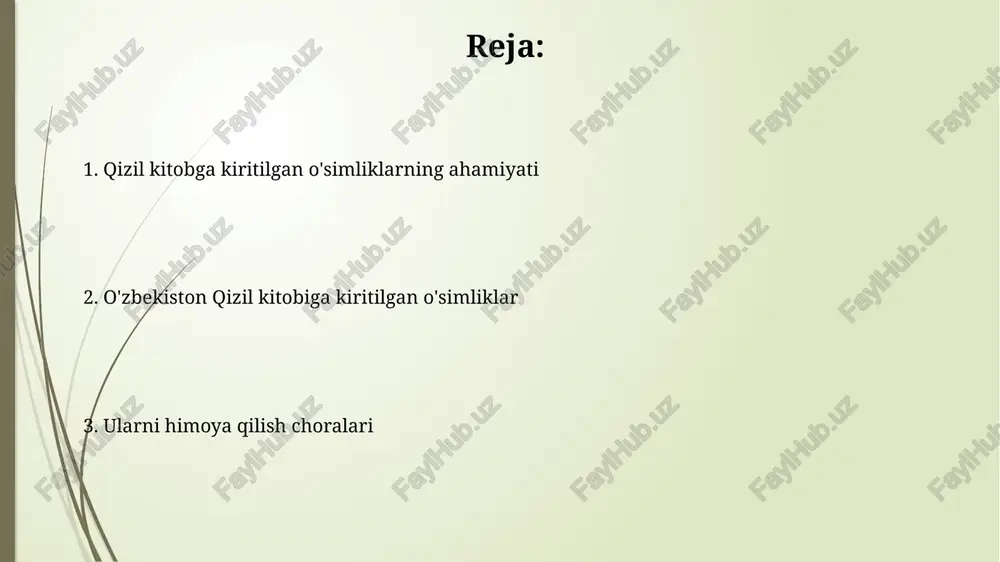 i, populyatsiyasi 80% ga kamaygan, dekorativligi sababli ko'p teriladi. 'allium karataviense' (qoratog piyoz) – endemik o'simlik, areali cheklangan, qizil kitobga kiritilgan. umumiy soni 5000 dan kam nusxada, yo'qolib ketish xavfi yuqori. o'simliklarni muhofaza qilish bo'yicha chora-tadbirlar oʻsimliklarni muhofaza qilishda maxsus qoʻriqlanadigan hududlar, masalan, milliy bogʻlar tashkil etish 1993-yilgi qonun bilan tartibga solinadi, bu esa ularning ekotizimini himoya qilishni kafolatlaydi. qizil kitobga kiritilgan oʻsimliklar genofondini saqlash maqsadida urugʻlar banki tashkil etish va ularni in vitro usulida koʻpaytirish kabi biotexnologik usullar 2010-yildan beri qoʻllanilmoqda. xulosa va istiqbollar o'simliklarni muhofaza qilish bo'yicha 2030-yilgacha bo'lgan davrda davlat dasturlarini ishlab chiqish, noyob turlarni saqlash uchun 5 ta yangi qo'riqlanadigan hududlar tashkil etish rejalashtirilgan. qizil kitobga kiritilgan o'simliklar genofondini saqlash bo'yicha 10 ta istiqbolli ilmiy tadqiqot loyihalarini moliyalashtirish orqali, ularning noyobligini kamaytirish choralari ko'riladi. e'tiboringiz uchun rahmat image2.jpg image3.jpg image4.jpg image5.jpg image6.jpg image7.jpg image8.jpg