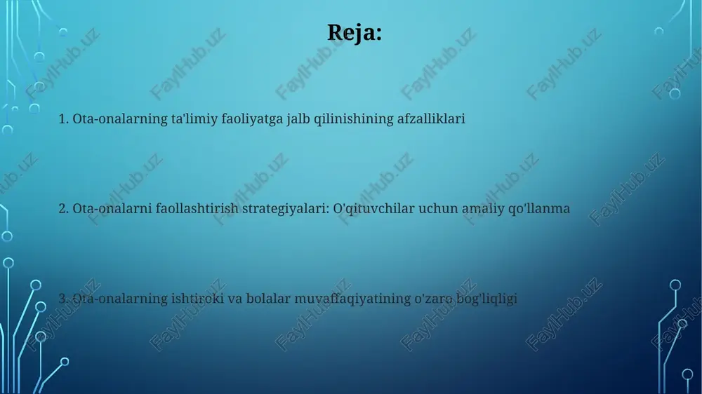 ytida 2 haftada bir yangilanadigan "ota-onalar burchagi"ni tashkil etish, dars jadvalini, yangiliklarni va muhim e'lonlarni joylashtirish aloqani yaxshilaydi. uy vazifalarida yordam berish va monitoring ota-onalar farzandlarining uy vazifalarini bajarishida faol ishtirok etishi, ularning o'quv jarayonidagi motivatsiyasini 30-40 foizga oshirishi mumkin. uy vazifalarini bajarish jarayonini monitoring qilish, ota-onalarga farzandlarining o'quv dasturida qanday qiyinchiliklarga duch kelayotganini aniqlashga yordam beradi. sinfdagi tadbirlarda ishtirok etish sinfdagi tadbirlar, masalan, ota-onalar kuni, 20 daqiqalik taqdimotlar orqali ota-onalarni faollashtiradi, bu ularning farzandlari ta'limidagi rolini anglashiga yordam beradi. ota-onalar sinfdagi tadbirlarda, 1 soatlik loyihalarda ishtirok etishlari, 2 tomonlama aloqalarni mustahkamlaydi va o'qituvchilar bilan hamkorlikni kuchaytiradi. ota-onalar yig'ilishlarining ahamiyati va samaradorligi ota-onalar yig'ilishlari bolalarning o'zlashtirish darajasini oshirishda muhim ahamiyatga ega, ularda o'qituvchilar har bir o'quvchining 360 darajali rivojlanishini muhokama qiladilar. yig'ilishlar davomida ota-onalarga farzandlarining darslardagi ishtiroki, uy vazifalarini bajarishi va sinfdagi xulq-atvori haqida aniq 90% ma'lumot beriladi. ota-onalarni o'qitish dasturlari va seminarlar ota-onalarni o'qitish dasturlari bolalarning ijtimoiy-emotsional rivojlanishiga yordam …