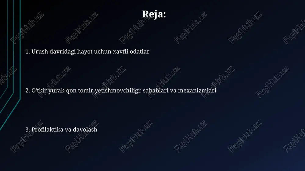 linik ko'rinish va diagnostika o'tkir yurak-qon tomir yetishmovchiligi klinikasi qon bosimining 90/60 mmhg dan pastga tushishi va taxikardiya 100 urush/daqiqada kuzatilishi bilan namoyon bo'ladi. diagnostika ekgda st segmentining depressiyasi yoki ko'tarilishi, t tishining inversiyasi va qt intervalining uzayishi kabi o'zgarishlarni aniqlaydi. differential diagnostika o'tkir yurak yetishmovchiligini differensial tashxislashda o'pka emboliyasi kabi sabablarni istisno qilish kerak. qon tomirlarini vizualizatsiya qilish uchun kt-angiografiya zarur bo'lishi mumkin. tension pnevmotoraksi, yurak tamponadasi va o'tkir miokard infarktining sabablarini differensial tashxislash muhimdir. elektrokardiografiya (ekg) va ko'krak qafasi rentgen tekshiruvi muhim ahamiyatga ega. asoratlar "asoratlar" harbiy sharoitda hayotga xavf soluvchi odatlar tufayli kelib chiqadigan o'tkir yurak-qon tomir yetishmovchiligining og'ir oqibatidir, bunda 30-40% o'lim kuzatilishi mumkin. harbiy harakatlar davrida stress va to'yib ovqatlanmaslik tufayli "asoratlar" qonda elektrolitlar nomutanosibligini keltirib chiqaradi, bu esa yurak ritmining buzilishiga (aritmia) olib keladi, 15% holatda esa o'limga sabab bo'ladi. davolash tamoyillari (urush sharoitida imkoniyatlar) urush sharoitida og'ir bemorlarni barqarorlashtirish uchun asosiy tamoyil bu …