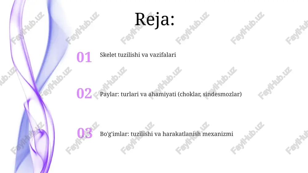 a'minlab, ventilatsiya mexanizmini yaxshilaydi. ko'krak qafasi 12 ta umurtqa pog'onasi va 12 juft qovurg'adan iborat bo'lib, yurak va o'pka kabi hayotiy muhim organlarni mexanik shikastlanishdan himoya qilishda muhim rol o'ynaydi. yuqori va pastki ekstremitalar skeleti yuqori ekstremitaning bilak suyagi (radius) va tirsak suyagi (ulna) orasida pronatsiya va supinatsiya harakatlarini ta'minlovchi proksimal va distal radioulna bo'g'imlari mavjud. pastki ekstremitaning son suyagi (femur) tanadagi eng uzun va eng kuchli suyakdir, uning proksimal uchi tos suyagi bilan tos-son bo'g'imini hosil qiladi va vaznni ushlab turadi. paylar: turlari va ahamiyati paylar suyaklarni biriktiruvchi, kollagen tolalaridan iborat mustahkam birikma bo‘lib, ligamentlar barqarorlikni ta’minlaydi va 10-15% gacha cho‘zilishga bardosh beradi. paylar ikki turga bo'linadi: ekstrartikulyar (qo'shiq tashqarisida) va intraartikulyar (qo'shiq ichida). har biri bo'g'inning harakat diapazonini cheklab, 2-3 vazifani bajaradi. choklar (suturalar) va sindesmozlar sindesmozlar, suyaklar orasidagi bog'lamlar yoki membrana orqali birikuvchi tolali birikmalar bo'lib, masalan, pastki boldir suyaklari orasidagi membrana, taxminan 3-5 mm harakatlanish imkonini …