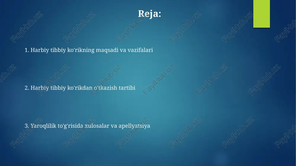 nda har bir tizimning 12 ta asosiy ko'rsatkichi tahlil qilinadi. ruhiy salomatlikni baholash muhim yo'nalishdir, bunda harbiy xizmatchining stressga chidamliligi, emotsional barqarorligi va psixologik moslashuvchanligi 5 xil test yordamida aniqlanadi. tibbiy hujjatlar va ularni rasmiylashtirish tibbiy hujjatlar rasmiylashtirilganda, 086/u shakli ma'lumotnomasi talaba yoki abituriyentning kasalliklari, emlashlari va allergik reaksiyalari haqida to'liq ma'lumot berishi shart. harbiy-tibbiy ko'rik natijalari asosida 088/u shaklidagi tibbiy xulosa tuziladi, unda shaxsning harbiy xizmatga yaroqliligi darajasi 1 dan 5 gacha bo'lgan toifalar bilan belgilanadi. baholash va xulosalar "yaroqlilik darajasini baholash" harbiy xizmatga yaroqlilik toifasini aniqlaydi: "a" toifasi xizmatga to'liq yaroqli, "b" cheklangan, "d" vaqtincha yaroqsiz, "e" esa butunlay yaroqsiz. "diagnostik ma'lumotlarni tahlil qilish" tibbiy ko'rik davomida aniqlangan barcha kasalliklar va shikastlanishlarni chuqur o'rganishni o'z ichiga oladi, icd-10 kodlari orqali tasniflanadi va prognoz beriladi. apellyatsiya jarayoni apellyatsiya jarayonida harbiy-tibbiy ekspertiza xulosasi ustidan norozilik bildirish uchun 30 kun muhlat beriladi, bu muddat sog'liq holati sababli uzaytirilishi mumkin. apellyatsiya shikoyati …