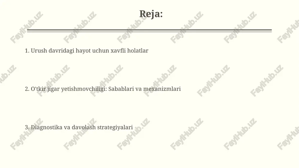 oddiy bo'lishi mumkin. u qon ivishining buzilishi bilan birga 1,5-2,0 mg/dl bilirubin darajasida namoyon bo'lishi mumkin. o'tkir jigar yetishmovchiligini tashxislashda alt va ast kabi jigar fermentlari darajasini aniqlash muhim, ular 3000-4000 iu/l gacha ko'tarilishi mumkin. differential diagnostika o'tkir jigar yetishmovchiligini farqlashda virusli gepatitlarni istisno qilish muhim, ayniqsa a, b va e gepatitlarini, serologik testlar yordamida, kasallikning erta bosqichlarida. jigar yetishmovchiligi differentsial diagnostikasida dori-darmonlar ta'siridan kelib chiqqan jigar shikastlanishini (dili) hisobga olish kerak, anamnez va jigar fermentlarining dinamikasini tahlil qilib. asoratlar asoratlar jigar yetishmovchiligi bilan bog‘liq bo‘lishi mumkin, jumladan, jigar ensefalopatiyasi, bu miyaga ta’sir etuvchi toksinlar to‘planishi natijasida ong darajasini o‘zgartiradi. o‘tkir jigar yetishmovchiligi oqibatida koagulopatiya, ya’ni qon ivish qobiliyatining buzilishi paydo bo‘lishi mumkin, bu urush paytida jarohatlanganlarning qon ketishini kuchaytiradi. davolash davolashda jigar yetishmovchiligi sababini aniqlash va bartaraf etish muhim, masalan, virusli gepatitga qarshi antiviral terapiya qo'llaniladi, 0 dan 100 gacha dozada. n-atsetilsistein (nac) dozasi 140 mg/kg dan boshlab, keyin …