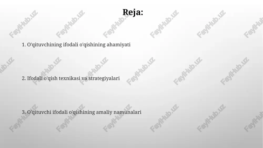nadi. intonatsiya va pauzalar: ma'noni ochish kaliti intonatsiya 2 xil asosiy turga ega: ko'tariluvchi va tushuvchi ohanglar, ular gapning ma'nosini, masalan, savol yoki tasdiq ekanligini aniq ko'rsatadi. pauzalar matnning 3 xil turini ajratib turadi: qisqa (vergul), o'rta (nuqta), uzun (paragraf) pauzalar, har biri matn tuzilishiga xizmat qiladi. o'quvchilarning diqqatini jalb qilish texnikalari hikoyaning '5w1h' elementlarini (kim, nima, qachon, qayerda, nega, qanday) ta'kidlash orqali voqeaga qiziqish uyg'oting hamda o'quvchilarni faol ishtirok etishga undash kerak. jismoniy faollikni o'quv jarayoniga kiritish, masalan, 'harakatli tanaffuslar' yoki 'rol o'yinlari' orqali o'quvchilarning diqqatini jamlash va faolligini oshirish mumkin. matnni tahlil qilish va talqin etish matn tahlili chuqur semantik qatlamlarni ochadi, 1-darajali ma'nolardan tashqari yashirin ma'nolarni aniqlashga yordam beradi, bu esa talqin uchun asos bo'ladi. talqin matnning 2-darajali ma'nolarini ochib beradi, muallifning 3 xil niyatini tushunishga yo'naltiradi va turli xil o'quvchilar uchun 4 xil interpretatsiyalarni taqdim etadi. o'qituvchining shaxsiy fazilatlari o'qituvchining 1-fazilati – bu uning 100% sabr-toqatliligidir, …