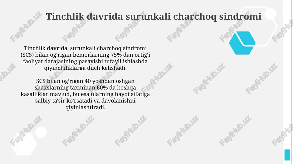 r miya tumanidan shikoyat qiladilar, xotira, diqqatni jamlash va ma'lumotni qayta ishlashda sezilarli qiyinchiliklar, bu ularning kundalik faoliyatiga ta'sir qiladi. tinchlik davrida cfs/me tashxisi tinchlik davrida cfs/me tashxisi qiyin, chunki 6 oydan ortiq davom etgan charchoqqa olib keladigan aniq jismoniy kasalliklar ko'pincha yo'q. bemorlarning 25% og'ir ahvolda bo'lishi mumkin. diagnostika mezonlari 1994-yilgi cdc (kasalliklarni nazorat qilish markazlari) fukuda mezonlariga asoslanadi, ammo 2015-yilgi iom (tibbiyot instituti) hisoboti yangi diagnostika modeli uchun asos bo'ldi. tinchlik davrida cfs/me davolash usullari tinchlik davrida cfs/me davosi simptomlarni kamaytirishga qaratilgan: kognitiv xatti-harakat terapiyasi (cbt) va bosqichma-bosqich mashq terapiyasi (get) energiya boshqaruvida yordam beradi. dori vositalari cfs/me ni davolamaydi, lekin og'riq (analgetiklar), uyqu buzilishlari (antigistaminlar yoki melatonin) va depressiya (antidepressantlar) kabi ayrim simptomlarni nazorat qilishda yordam beradi. cfs/me bilan kasallangan bemorlarga yordam kasallikning og'irligini hisobga olgan holda, kognitiv xatti-harakat terapiyasi (kxt) va darajali mashqlar terapiyasi (dmt) kabi usullarni individual ehtiyojlarga moslashtirish muhim. bemorni qo'llab-quvvatlash guruhlari va onlayn …