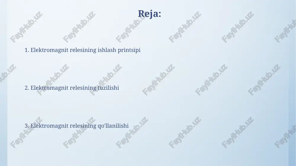 ichning ko'p qatlamli spiral shaklida o'ralgan qismi bo'lib, undagi tok magnit maydon hosil qiladi, bu rele ning asosiy ish qismidir. o'rash qarshiligi (r) simning uzunligi va materialiga bog'liq bo'lib, odatda om (ω) larda o'lchanadi, indüktans (l) esa genri (h) larda o'lchanib, magnit maydonni saqlash qobiliyatini ko'rsatadi. yakorni “yakorni” elektromagnit o'rni yuragini tashkil etadi, bu temir yoki ferromagnit materialdan yasalgan mexanik harakatlanuvchi qism bo'lib, magnit maydon ta'sirida aylanadi. armatura, odatda, qutb yuzasi bilan havo bo'shlig'ini kamaytirish uchun mo'ljallangan shaklga ega, bu esa elektromagnit kuchning maksimal uzatilishini ta'minlaydi, optimal ishlashni yaratadi. kontaktlar kontaktlar, elektromagnit reledagi muhim komponentlar boʻlib, ularning asosiy vazifasi elektr zanjirini ulash yoki uzish, shu orqali qurilmaning ishlash tartibini boshqarishdan iborat. rele kontaktlari odatda ikki turga boʻlinadi: normal holatda ochiq (no) kontaktlar va normal holatda yopiq (nc) kontaktlar, ular zanjirning turli holatlarida ishlashini taʼminlaydi. relening turlari qutbli reledan foydalanish qutblangan magnit maydonlariga asoslangan boʻlib, kichik oqim oʻzgarishlari sezgirlikni oshirib, yuqori …