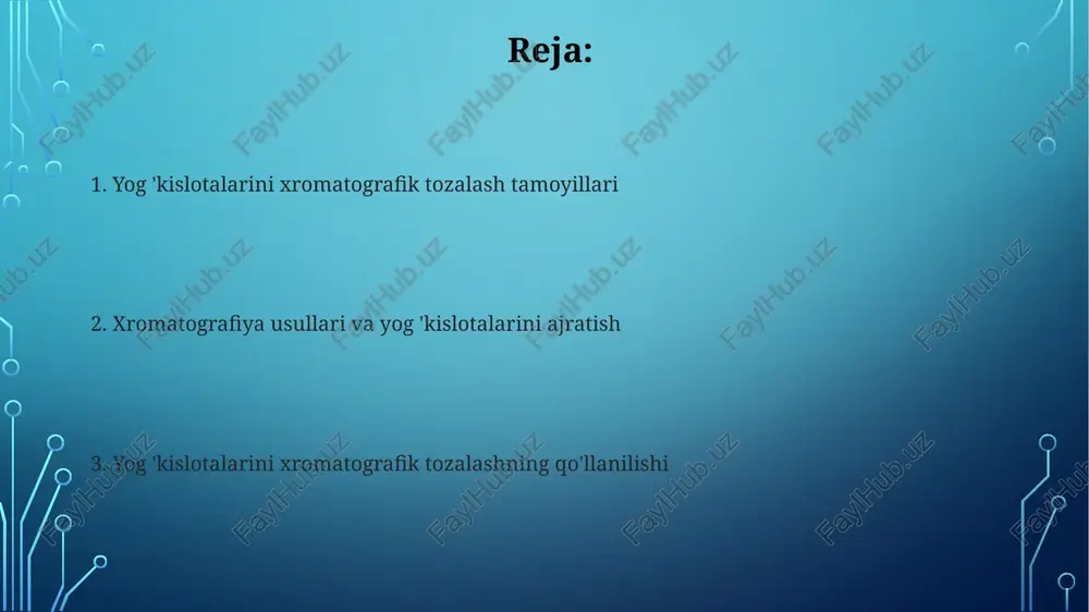 gaz xromatografiyasi (gc): prinsip va qo'llanilishi gaz xromatografiyasi (gc) har xil qaynash haroratiga ega uchuvchi komponentlarni ajratish uchun harakatchan gaz fazasi va statsionar suyuqlik fazasidan foydalanadi, bunda komponentlar ustun orqali o'tadi. gc da detektorlar analitlar ustundan elyuatsiya qilinganidan keyin miqdoriy ma'lumotlarni taqdim etadi; masalan, flame ionization detector (fid) uglerod-vodorod birikmalarini aniqlash uchun ishlatiladi. suyuqlik xromatografiyasi (lc): prinsip va qo'llanilishi suyuqlik xromatografiyasi (lc) namunadagi komponentlarni ularning fizik-kimyoviy xususiyatlariga ko'ra ajratish uchun statsionar va mobil fazalardan foydalanadi, masalan, qutblilik bo'yicha farqlar asosida. yuqori samarali suyuqlik xromatografiyasi (hplc) farmatsevtika, oziq-ovqat va atrof-muhit tahlilida keng qo'llaniladi, bunda 1-100 mkm o'lchamdagi qattiq moddalar yuklangan ustunlardan foydalaniladi. yupqa qatlamli xromatografiya (tlc): prinsip va qo'llanilishi yupqa qatlamli xromatografiya (tlc) printsipi, harakatlanuvchi suyuq faza va silikagel kabi sobit qattiq faza orasidagi komponentlarning adsorbsiya koeffitsientlaridagi farqga asoslangan. tlc lipidlar, uglevodlar va aminokislotalar kabi polar birikmalarni ajratish uchun ishlatiladi, bunda rf qiymati (0 dan 1 gacha) komponentning harakatchanligini ko'rsatadi. kolonkali …