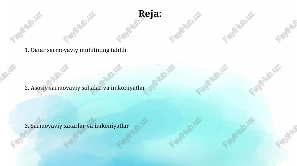 ning o'zgaruvchanligi qatar iqtisodiyotiga ta'sir qiladi. neft va gaz eksporti mamlakat yaimning 60 foizini tashkil etishi, shuningdek investitsiya daromadlariga bevosita ta'sir ko'rsatadi. investitsiya strategiyalari va imkoniyatlari qatar investitsiya autority (qia) global miqyosda diversifikatsiya qilishga intiladi, ko'chmas mulk, infratuzilma va texnologiya sohalariga 375 milliard dollardan ortiq sarmoya kiritishni maqsad qilgan. qatar 2030 milliy strategiyasi doirasida energetikadan uzoqlashish uchun qayta tiklanadigan energetika loyihalariga, ayniqsa quyosh energiyasiga 20 foizgacha investitsiya qilishni rejalashtirmoqda. xulosa va tavsiyalar investitsiyalarni diversifikatsiya qilish qatar uchun muhim, ayniqsa neft va gazga qaramlikni kamaytirish uchun barqaror moliyaviy o'sishni ta'minlashga qaratilgan 10 yillik strategiya doirasida. qatar 2030 milliy ko'rinishiga muvofiq, texnologiya sektoriga investitsiyalarni oshirish orqali innovatsion ekotizimni rivojlantirish va yuqori qo'shimcha qiymatli ish o'rinlarini yaratish lozim. e'tiboringiz uchun rahmat image3.jpg image4.jpg image5.jpg image6.jpg image7.jpg image8.jpg image9.jpg image1.png