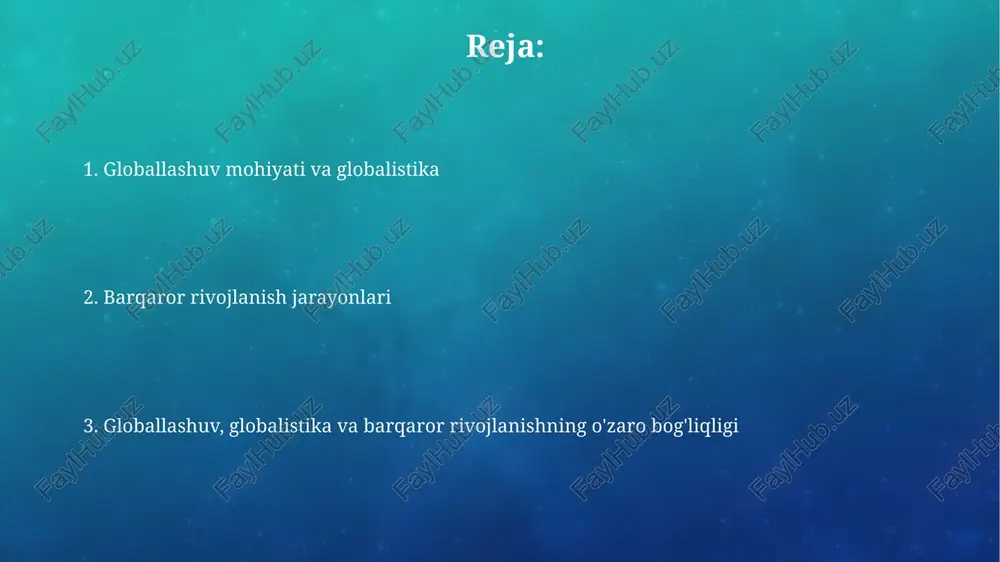 hukumatlar siyosatiga ta'sir o'tkazishi, milliy boshqaruvni cheklashi kuzatiladi. 2008-yilgi global moliyaviy inqiroz davlatlarning iqtisodiy o'zaro bog'liqligini ko'rsatdi. bu esa siyosiy hamkorlikning 2.0 zarurligini oshirdi, global muammolarni hal qilish uchun. globalizatsiyaning ijtimoiy-madaniy jihatlari globallashuv madaniy assimilyatsiyaga olib keladi, milliy urf-odatlarning 20% ga yo'qolishi kuzatiladi, lekin shu bilan birga 30% yangi madaniyatlar paydo bo'ladi. globalizatsiya 10 yilda madaniy gibridlanishni 40% ga oshiradi, bu esa mahalliy va global elementlarning o'zaro ta'sirini kuchaytiradi. globalizatsiyaning afzalliklari va kamchiliklari globallashuvning afzalliklaridan biri bu xalqaro savdoning 15 foizga o'sishi bo'lib, bu esa import va eksport orqali iqtisodiy o'sishni rag'batlantiradi. globallashuvning kamchiliklaridan biri bu rivojlangan mamlakatlarda ish o'rinlarining 25 foizga qisqarishi, bu esa ishchilarning ekspluatatsiyasiga olib keladi. barqaror rivojlanishning ekologik asoslari ekologik barqarorlik 3 ta asosiy elementni o'z ichiga oladi: atrof-muhitning yaxlitligi, resurslardan samarali foydalanish va ifloslanishni kamaytirish orqali ekotizimlarni saqlash. biodiversitetni saqlash barqaror rivojlanishning muhim omili hisoblanadi, chunki u ekotizimlarning barqarorligini ta'minlaydi va 1 milliondan ortiq tur …