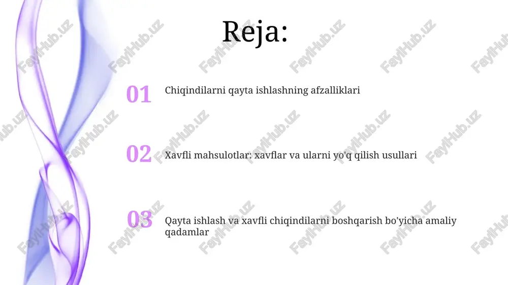 hitga katta foyda keltiradi. maishiy chiqindilarni qayta ishlash o'zbekistonda maishiy chiqindilarni qayta ishlash darajasi hali ham past, lekin 2022-yilda chiqindi poligonlarida hosil bo'lgan biogazdan elektr energiyasi olish bo'yicha loyihalar amalga oshirilmoqda. maishiy chiqindilarni qayta ishlashning afzalliklaridan biri tabiiy resurslarni tejashdir, masalan, bir tonna qog'ozni qayta ishlash orqali 17 ta daraxtni saqlab qolish mumkin. sanoat chiqindilarini qayta ishlash sanoat chiqindilarini qayta ishlashda pirometallurgiya usuli 1500°c dan yuqori haroratda metallarni ajratib olishga yordam beradi va qo'shimcha energiya talab qilishi mumkin. ko'pgina korxonalar chiqindilarni qayta ishlash uchun 'nol chiqindi' konsepsiyasini qabul qilmoqda, bu esa resurslardan 95% dan ortiq samarali foydalanishni ta'minlaydi. xavfli chiqindilar: turlari va xavfi xavfli chiqindilarga simobli termometrlar, lyuminestsent lampalar (tarkibida 5 mg dan ortiq simob bor) va batareyalar kiradi, ular atrof-muhitga zaharli metallarni chiqaradi. pestitsidlar, gerbitsidlar va insektisidlar qishloq xo'jaligida keng qo'llaniladi; ularning tarkibidagi kimyoviy moddalar (masalan, dioksinlar) tuproq va suvni ifloslantirishi mumkin. xavfli chiqindilarni qayta ishlash usullari yuqori haroratda …