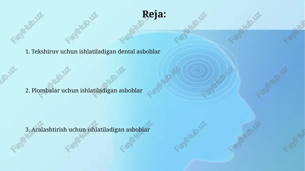 osqichlarini aniqlash uchun ishlatiladi, ayniqsa 11 va 17 raqamli zondlar keng qo'llaniladi. tekshirgichlar, xususan periodontologik tekshirgichlar, tish go'shti cho'ntaklari chuqurligini millimetrlarda o'lchash imkonini beradi, bunda 3, 6, 9, 12 mm belgilari bor bo'lgan namunalar ko'p ishlatiladi. pintsetlar pintsetlar stomatologiyada kichik buyumlarni, masalan, paxta rollarini yoki endodontik qog'oz konslarini, og'iz bo'shlig'iga joylashtirish va olib tashlash uchun ishlatiladigan asbobdir. uchlarining shakliga qarab, pintsetlar turli xil vazifalarni bajaradi: o'tkir uchlilari aniqlikni talab qiladigan manipulyatsiyalar uchun, keng uchlilari esa kattaroq narsalarni ushlash uchun mo'ljallangan. boshqa tekshiruv asboblari yorug'lik diagnostikasi asboblari, masalan, fiber-optik transilluminatorlar, yorug'likni 1-2 mm gacha chuqurlikda o'tkazish uchun ishlatiladi, bu esa tish yoriqlari va erta kariyesni aniqlashga yordam beradi. diagnoz uchun rentgen apparatlari muhim bo'lib, ular yordamida 2d yoki 3d tasvirlar olinadi; periapikal rentgenogrammalar ildiz uchi patologiyalarini, bitewinglar esa interproksimal kariyesni aniqlash uchun ishlatiladi. plombalash uchun asboblar: umumiy koʻrinish plombalash asboblari kompozit materiallarni joylashtirish uchun ishlatilishi mumkin, masalan, shprits bilan quyiladi yoki …