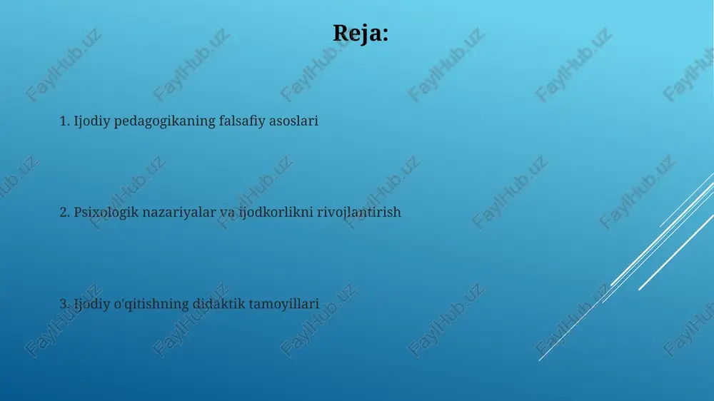 o'zgarish uchun ijod tanqidiy pedagogika o'quvchilarni mavjud hokimiyat tuzilmalarini 20-asrda tanqid qilishga undaydi, ijod esa norozilikni ifodalashning bir usuli sifatida xizmat qiladi. o'zgarish uchun ijodiy yondashuv 3 ta asosiy elementdan foydalanadi: yangi g'oyalar yaratish, mavjud normalarni buzish va ijtimoiy adolat uchun harakat qilish. progressiv ta'lim va tajribaviy o'rganish progressiv ta'lim 19-asr oxirida paydo bo'lib, jon dyui tajribaviy o'rganishni rivojlantirdi. u faol ishtirokni, muammoni hal qilish va tanqidiy fikrlashni ta'kidlaydi. tajribaviy o'rganish nazariyasi o'quvchilar "bajarish orqali o'rganishadi", ya'ni real vaziyatlarda faol ishtirok etish orqali bilim orttiradilar, misol uchun 70/20/10 modelida. estetik ta'lim va ijodiy ifoda estetik taʼlim 5 hissiyotni rivojlantirib, 3 asosiy yoʼnalishda sanʼatni idrok etish, hissiy munosabat bildirish va amaliy ijodiy faoliyatni oʼz ichiga oladi. ijodiy ifoda oʼquvchining 4 asosiy qobiliyatini – fantaziya, assotsiativ fikrlash, originallik va muammolarni hal qilishni 6 usul bilan namoyon etadi. neyrobiologiya va ijodiy o'rganish jarayonlari neyron plastisligi, miyaning tuzilishi va funksiyalarining o'zgarishini ta'minlab, yangi g'oyalarni …