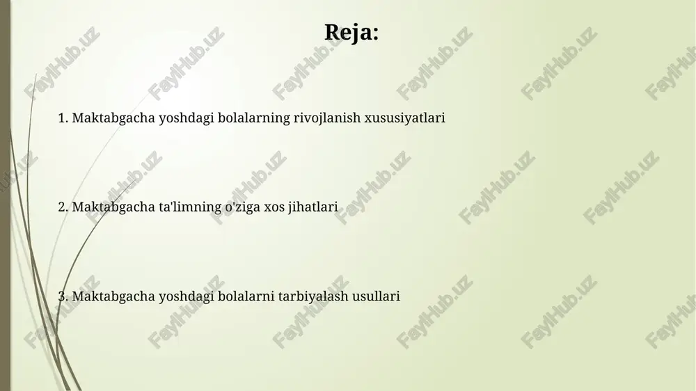 ali ham cheklangan, shuning uchun mojarolar yuzaga kelishi mumkin. 5 yoshga kelib, hissiy o'zini-o'zi boshqarish yaxshilanadi, lekin stressli vaziyatlarda, masalan, o'yinchoq uchun kurashda, impulsivlik hali ham namoyon bo'lishi mumkin. nutqning rivojlanish xususiyatlari 3 yoshga kelib, bolalar 1000 tagacha so'zni o'zlashtirishi, oddiy gaplarni tuzishi va so'z boyligini faol ravishda oshirishi muhim. bu davrda grammatik xatolarga e'tibor berish kerak. maktabgacha yoshda fonetik eshitish rivojlanadi, bu tovushlarni ajrata olish qobiliyatidir. 4-5 yoshda bolalar ko'p tovushlarni to'g'ri talaffuz qila olishlari lozim. o'yin faoliyatining roli o'yin faoliyati 3-5 yoshdagi bolalarda ijodiy qobiliyatlarni rivojlantiradi, bu esa ularning hayoliy dunyosini boyitadi va rolli o'yinlarda o'z aksini topadi. o'yin orqali 5-7 yoshdagi bolalar muloqot ko'nikmalarini shakllantiradi, tengdoshlari bilan hamkorlik qilish va nizolarni hal qilish qobiliyatini o'rganadi. ijodiy rivojlanish ijodiy rivojlanish 3-5 yoshda tasavvurni shakllantirish orqali, turli xil materiallar bilan tajriba o'tkazishga qaratilgan. maktabgacha yoshdagi bolalar ijodiyoti 7 elementdan iborat: yangilik, moslashuvchanlik, sezgirlik, fikrlash tezligi, tugallanganlik, murakkablik, abstraksiyalash. maktabgacha …