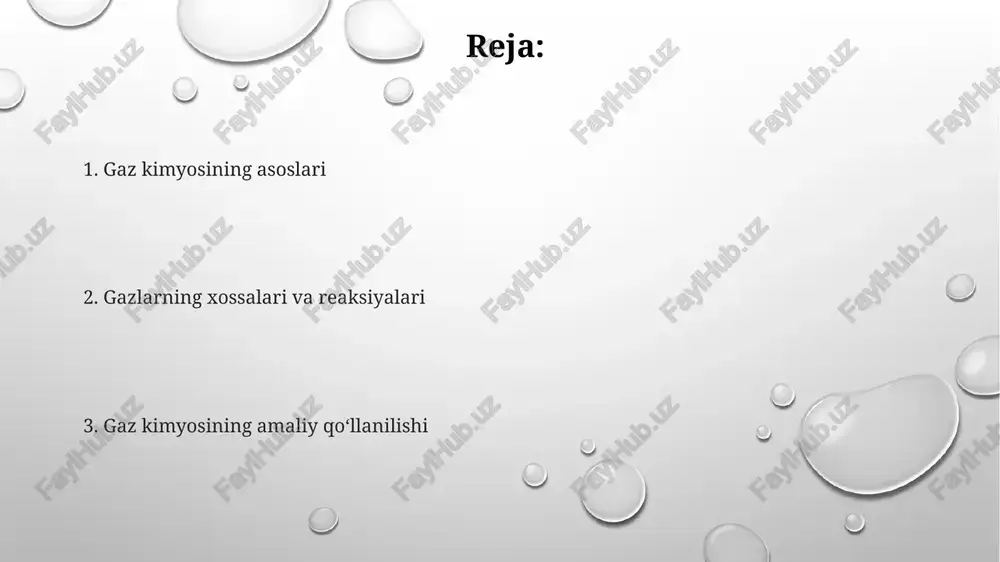 mol soni, r ideal gaz doimiysi (8.314 j/mol·k) va t mutlaq harorat. nazariya molekulalar orasidagi toʻqnashuvlar elastik deb faraz qiladi, yaʼni umumiy kinetik energiya saqlanib qoladi. molekulyar tezlikning taqsimlanishi maksvell taqsimoti orqali ifodalanadi. gaz diffuziyasi va effuziyasi effuziya - gaz molekulalarining kichik teshikdan vakuumga o'tishi, graham qonuniga binoan molekulyar massaning kvadrat ildiziga teskari proportsional tezlikda sodir bo'ladi. gaz diffuziyasi molekulalarning yuqori konsentratsiyadan pastroq konsentratsiyaga spontan ravishda harakatlanishi, fickning birinchi qonuni bilan tavsiflanadi va temperatura bilan oshadi. diffuziya koeffitsienti (d) gazning diffuziya tezligini ifodalaydi; u temperatura (t) va bosimga (p) bog'liq, odatda p oshishi bilan d kamayadi. gazlarning eruvchanligi polar gazlar, masalan, ammiak (nh3), polar erituvchilarda, masalan, suvda (h2o) yaxshiroq eriydi, bu o'zaro molekulyar kuchlar tufayli sodir bo'ladi. gazlarning eruvchanligi bosim bilan proporsional ravishda oshadi, bu henri qonuni bilan tavsiflanadi, bunda yuqori bosim suyuqlikda gaz molekulalarining konsentratsiyasini oshiradi. haroratning oshishi odatda gazlarning eruvchanligini kamaytiradi, chunki gaz molekulalarining kinetik energiyasi ortadi, bu …