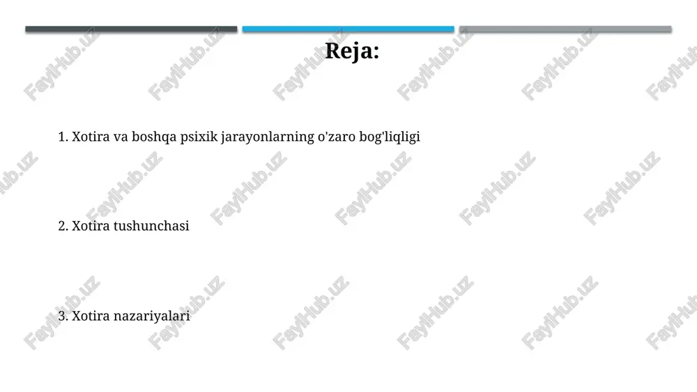 klarativ (faktlar, voqealar) va protsedurali (ko'nikmalar, odatlar) xotiraga bo'linadi; deklarativ xotira, o'z navbatida, semantik va epizodik xotiraga ajraladi. sensorli xotira sensorli xotira, ko'rish xotirasi (iconic memory) uchun taxminan 0.5 sekund va eshitish xotirasi (echoic memory) uchun 3-4 sekund davom etadi, bu vaqt davomida hislar to'liq saqlanadi. atkinson-shiffrin modelida sensorli xotira, informatsiyani keyingi bosqichga - qisqa muddatli xotiraga o'tkazish uchun filtr vazifasini bajaradi va juda katta hajmdagi ma'lumotni ushlab turadi. qisqa muddatli xotira qisqa muddatli xotira (qqx) hajmi cheklangan, odatda 7 ± 2 elementni saqlay oladi. bu raqam millerning “sehrli raqam 7” tadqiqoti orqali aniqlangan va xotira sig'imini belgilaydi. qqx ma'lumotlarni taxminan 15-30 soniya davomida saqlab turadi. agar ma'lumotlar doimiy takrorlanmasa yoki kodlanmasa, ular tezda unutiladi. bu jarayon diqqatni talab etadi. uzoq muddatli xotira uzoq muddatli xotira cheklanmagan sig'imga ega bo'lib, faktlar, tajribalar va ko'nikmalarni uzoq vaqt davomida, hatto 100 yildan ortiq saqlay oladi, bu xotira tizimining asosiy xususiyatidir. uzoq muddatli …