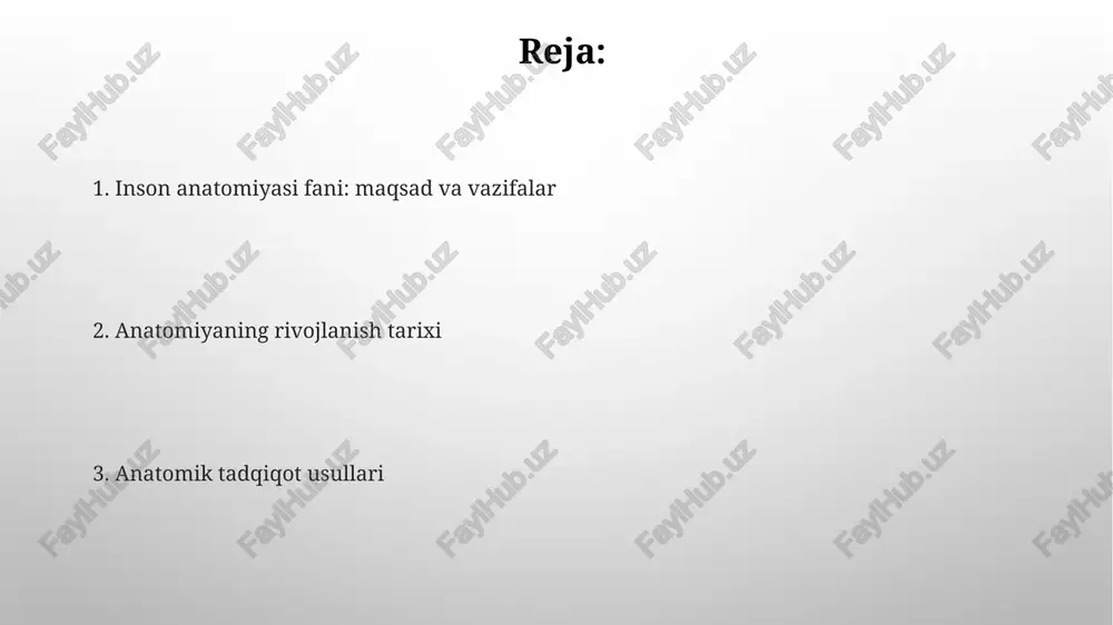 galenning anatomik g'oyalari dominant edi, lekin uning xatolari (masalan, maymun anatomiyasiga asoslangan ma'lumotlar) to'g'rilanmadi, 1316-yilgacha mondino de liuzzi ularni tuzatmadi. uyg'onish davri anatomiyasi uyg'onish davrida leonardo da vinchi 750 dan ortiq anatomik chizmalar yaratdi, ularda inson tanasining tuzilishini batafsil tasvirlab bergan. vezaliusning «de humani corporis fabrica» (1543) asari 200 dan ziyod gravuralari bilan anatomiyaning ilmiy o'rganilishiga katta turtki berdi. zamonaviy anatomiya zamonaviy anatomiya mikroskopik tuzilmalarni o'rganish uchun elektron mikroskopiya va immunohistokimyo kabi usullardan foydalanib, hujayra darajasidagi 3d tuzilmalarni tahlil qiladi. zamonaviy anatomiya klinik amaliyotda qo'llaniladigan radiologik anatomiya usullarini, masalan, kt va mri-ni birlashtirib, inson tanasini tirik holda vizualizatsiya qilish imkonini beradi. anatomiyaning asosiy bo'limlari osteologiya suyaklar haqidagi ta'limot bo'lib, inson skeletining tuzilishi, shakli va rivojlanish qonuniyatlarini o'rganadi, jami 206 ta suyak mavjud. miologiya muskullar tizimini, ya'ni 600 dan ortiq turli mushaklarning tuzilishi, funktsiyasi va harakat mexanizmlarini chuqur o'rganadi. sistematik anatomiya sistematik anatomiya inson tanasining tuzilishini 11 ta asosiy tizimga bo'lib …