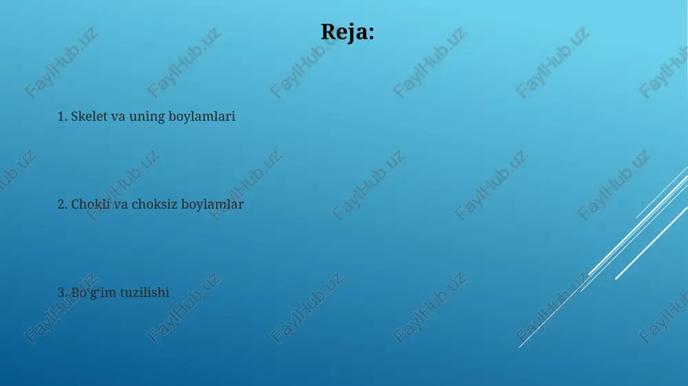 rozlar) gialin yoki fibroz tog'ay orqali bog'langan. vaqtinchalik sinxondrozlar suyak o'sishi bilan suyaklashadi, masalan, umurtqalararo disklar harakatchanlikni ta'minlaydi. sutural ligamentlar: tuzilishi va joylashuvi sutural ligamentlar, cherep suyaklarining birikkan joylarida joylashgan bo'lib, ularning tarkibi zich biriktiruvchi to'qimadan iborat bo'lib, 0.5 mm dan 2 mm gacha qalinlikda bo'lishi mumkin. ularning asosiy vazifasi cherep suyaklarining mustahkam birikishini ta'minlash va bosh miyani himoya qilishdir. ayniqsa, yosh bolalarda ularning elastikligi muhim, chunki bosh miya o'sishi davom etadi. asutural ligamentlar: misollar va xususiyatlar asutural boylamlar, masalan, periodontal boylam, tishni alveolaga biriktirib, kollagen tolalari orqali tish harakatini 0,25 mm gacha ta'minlaydi va og'riqni sezadi. nayzasimon boylam, fibroz to'qimalar yordamida ikkita suyakni bog'laydi va uning harakat doirasi 2-5 mm gacha bo'lishi mumkin, bu esa barqarorlikni ta'minlaydi. bo'g'imlarning umumiy tuzilishi bo‘g‘imlarning umumiy tuzilishi sinovial suyuqlikni o‘z ichiga olgan bo‘g‘im bo‘shlig‘iga ega, bu harakat paytida suyak yuzalarini moylash va amortizatsiya qilish uchun 2-5 ml hajmda bo'ladi. bo‘g‘im xaftaga ega bo'lib, …