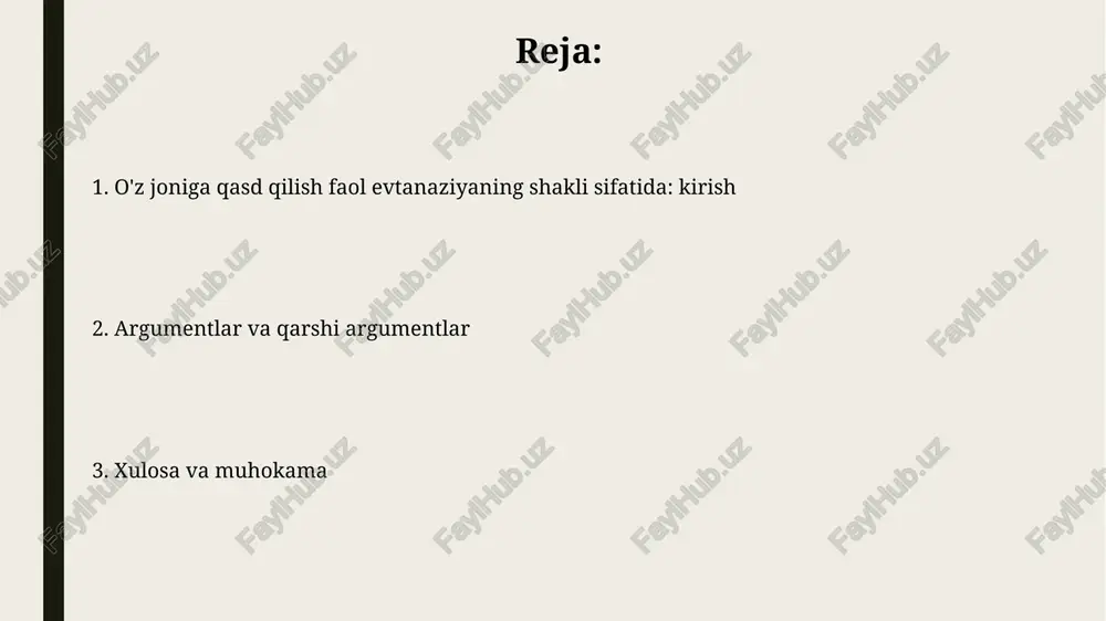atida subyektning avtonomiyasi axloqiy dilemma tug'diradi, bunda bemorning o'z joniga qasd qilish huquqi tibbiyot xodimlarining zarar qilmaslik tamoyili bilan to'qnash keladi. faol evtanaziyada huquqiy dilemma shundan iboratki, u ko'plab davlatlarda qotillik hisoblanadi, shu bois og'ir ahvoldagi bemorning o'limiga yordam bergan shifokor jinoiy javobgarlikka tortilishi mumkin. avtonomiya va tanlash huquqi avtonomiya deganda, insonning o'z hayoti bo'yicha 100 foiz mustaqil qaror qabul qilish huquqi tushuniladi, bu qaror tibbiy muolajani rad etishni ham o'z ichiga olishi mumkin. tanlash huquqi tibbiy kontekstda bemorning 2 ta yoki undan ortiq davolash usullaridan birini erkin tanlash imkoniyatini anglatadi, bu esa 70 foiz holatlarda davolanish samaradorligini oshiradi. azob va umidsizlik omillari iqtisodiy qiyinchiliklar, masalan, ishsizlikning 25% gacha o'sishi yoki qarz yukining 70% dan oshishi umidsizlikka olib kelishi mumkin. ijtimoiy izolyatsiya, ya'ni oila va do'stlardan uzoqlashish, 6 oydan ortiq davom etsa, azob va ruhiy tushkunlikka sabab bo'ladi. alternativ yechimlar: palliativ yordam va psixologik qo'llab-quvvatlash palliativ yordam og'riqni samarali nazorat …