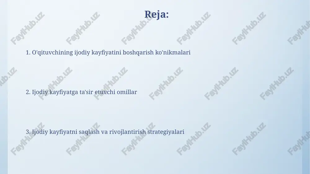 tijalarning 80 foizi harakatlarning 20 foizidan keladi. shu 20 foizga e'tibor qarating. eisenxauer matritsasi (shoshilinch/muhim) vazifalarni to'rtta kvadrantga ajratib, eng muhim va dolzarblarini aniqlashga yordam beradi. ijodiy bloklarni yengish strategiyalari “5 daqiqalik qoida”dan foydalaning: loyihaga minimal vaqt ajrating, bu ish boshlashga turtki bo'ladi va ijodiy blokni yengishga yordam beradi. “pomodoro” texnikasini qo'llang: 25 daqiqalik ish va 5 daqiqalik tanaffuslar orqali miyani rag'batlantiring, diqqatni jamlash va ijodkorlikni oshirish uchun. ilhom manbalarini topish va ulardan foydalanish ilhom manbalarini aniqlashda kuzatuvchanlik muhim: atrof-muhitga, odamlarga va san'at asarlariga diqqat bilan e'tibor berish, ulardagi g'oyalarni payqash va ularni qayd etib borish lozim. kundalik tutish ilhom manbalarini aniqlashga yordam beradi: har kuni o'zingizni hayajonga solgan, qiziqtirgan yoki yangi g'oyalarga undagan 3 ta narsani yozib boring. ijodiy muhitni yaratish ijodiy muhitni yaratishda 1-omil – bu xavfsizlik hissi. o'quvchilar 100% xatosiz fikr bildirishga jur'at etishi, tanqid xavfi bo'lmasligi muhim. sinfda ijodiy muhitni shakllantirishda 3 ta element: rag'batlantirish, yangilikka …