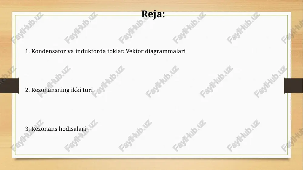 rshi fazada bo'lib, yig'indisi nolga teng bo'lishi mumkin. fazalar o'zgarishi reaktiv komponentlar (induktorlar va kondensatorlar) bo'lgan ac zanjirlarida paydo bo'ladi. induktorlarda kuchlanish tokdan 90 gradusga oldinda, kondensatorlarda esa aksincha, tok kuchlanishdan 90 gradusga oldinda. vektor diagrammalari: kondensator kondensator uchun vektor diagrammasida kuchlanish (v) tok (i) dan 90 gradusga orqada qoladi, bu esa reaktiv qarshilik (xc) bilan bog'liq. xc = 1/(2πfc) formulasi orqali aniqlanadi. kondensatorning vektor diagrammasi joriy fazorning kuchlanish fazoriga nisbatan 90° ga oldinda ekanligini ko'rsatadi, bu reaktiv quvvatni ifodalaydi va p=vi*cos(90°) natijasida quvvat yo'qotilmaydi. vektor diagrammalari: induktor induktivlik vektor diagrammasida tok (i) kuchlanish (v) dan 90 gradusga orqada qoladi. bu fazalar farqi induktiv reaktans (xl) tufayli yuzaga keladi, uning qiymati xl = 2πfl formula orqali hisoblanadi. induktorning vektor diagrammasida kuchlanish vektori tok vektoriga nisbatan soat miliga qarshi yo'nalishda 90° burchakka buriladi, bu induktor orqali o'tadigan tokning o'zgarishiga qarshilikni ifodalaydi. vektor diagrammalari: rc zanjiri rc zanjirida vektor diagrammasi kuchlanish va …