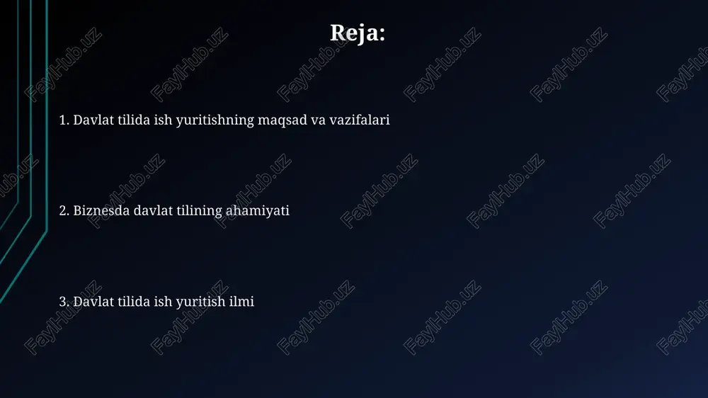 maliy ko‘nikmalar davlat tilida ish yuritish ko‘nikmalari rasmiy hujjatlarni, masalan, buyruqlar, 14-sonli qarorlar va xatlarni davlat tilida to‘g‘ri tuzish va tahrir qilishni o‘z ichiga oladi. amaliy ko‘nikmalar ish yuritishda til me’yorlariga rioya qilish, jumladan, 2020-yilgi yangi tahrirdagi o‘zbek imlo qoidalariga muvofiq xatolarsiz yozishni ta’minlaydi. davlat tilida ish yuritish ko‘nikmalari xodimlarning davlat tilidagi 010-sonli yozishmalarini samarali olib borish, nutq madaniyatini oshirish va 25 foizga maqsadga erishishga yordam beradi. biznesda davlat tilining roli va ahamiyati davlat tilida ish yuritish, mahsulotlar va xizmatlarni reklama qilish iste'molchilarning ishonchini oshiradi va 2020-yil 21-oktabrdagi pq-4860-sonli qaror bilan belgilangan talablarga javob beradi. biznesda davlat tilining roli milliy qadriyatlarni saqlash va mustahkamlash, shuningdek, o'zbekiston respublikasining konstitutsiyasi 4-moddasini amalda ta'minlash bilan bog'liq. biznesda o'zbek tilidan foydalanish davlat tilini rivojlantirish jamg'armasiga ajratmalarni amalga oshirish va 1995-yil 21-dekabrdagi "davlat tili haqida"gi qonunning 31-moddasini bajarishni taqozo etadi. davlat tilida ish yuritishni rivojlantirish istiqbollari 2025-yilgacha barcha davlat xizmatchilarining 90% davlat tilini mukammal bilishi …