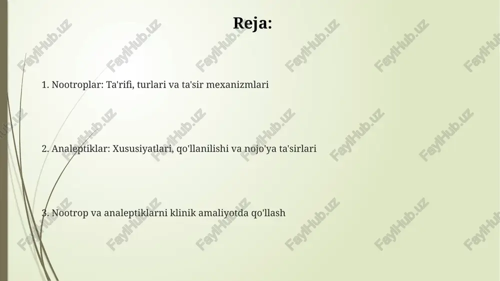 hosilalari (piratsetam, aniratsetam) va xolinomimetiklar (xolin, letsetin) kabi bir necha guruhga bo'linadi, ularning ta'sir mexanizmlari farqlanadi. analeptiklar nafas olish va qon tomir markazlarini qo'zg'atuvchi dorilarga bo'linadi, masalan, kofein purin hosilasi sifatida va striknin markaziy nerv tizimini rag'batlantiruvchi vosita sifatida tasniflanadi. nootrop va analeptiklarning qo'llanilishi nootroplar kognitiv funktsiyani yaxshilash uchun ishlatiladi, ayniqsa xotira va diqqatni jamlashda, ammo ularning samaradorligi 20% dan 80% gacha individualdir. analeptiklar nafas olishni stimullash uchun ishlatiladi, masalan, narkotik moddalarni haddan tashqari qabul qilishda, 1 dan 3 mg/kg dozada tomir ichiga yuborish orqali. ba'zi nootroplar, masalan piratsetam, insultdan keyingi kognitiv buzilishlarni davolashda qo'llaniladi, samaradorlik 6 oydan 12 oygacha baholanadi. nojo'ya ta'sirlar va xavfsizlik analeptiklar, masalan, niketamid, dozaga bog'liq holda yurak urishi tezlashishi, qon bosimi oshishi va hatto talvasaga sabab bo'lishi mumkin; xavfsizlik uchun doz 50mg dan oshmasligi kerak. nootrop moddalar odatda xavfsiz hisoblanadi, lekin ba'zi odamlarda bosh og'rig'i, uyqusizlik va oshqozon buzilishi kabi nojo'ya ta'sirlar kuzatilishi mumkin, ayniqsa …