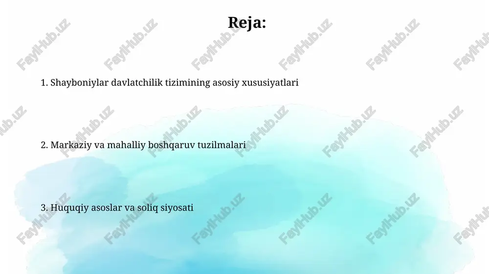 ishli mansabdor shaxs boshchilik qilgan. mudofaa tizimi qal'a devorlari, minoralar va chegara postlaridan iborat bo'lib, doimiy ravishda qo'shinlar bilan ta'minlangan, ayniqsa strategik ahamiyatga ega bo'lgan hududlar kuchaytirildi. iqtisodiy boshqaruv: soliqlar, savdo va hunarmandchilik shayboniylar davrida soliqlar, masalan, xiroj hosildan 1/3 qismini tashkil etgan, savdoda karvon yo'llari orqali bojlar muhim daromad manbai bo'lgan, hunarmandchilikda esa ustaxonalardan soliqlar olingan. shayboniylar iqtisodiy boshqaruvida pul muomalasi muhim rol o'ynagan, tangalar zarb etish orqali savdo va hunarmandchilikni rivojlantirishga e'tibor qaratilgan hamda bozorda narxlar nazorat qilingan. qonunchilik va sud tizimi shayboniylar davrida qonunchilik asosini shariat qoidalari tashkil etgan, ammo "qonunnoma" kabi mahalliy odatlar va xon farmonlari ham muhim rol o'ynagan, ular ijtimoiy munosabatlarni tartibga solgan. sud tizimi qozilar tomonidan boshqarilgan bo'lib, ular shariat qonunlariga asoslanib hukm chiqarganlar. xon ham oliy sud hokimiyatiga ega bo'lib, muhim ishlarni ko'rib chiqish va yakuniy qaror qabul qilish huquqiga ega bo'lgan. dinning davlat boshqaruvidagi o'rni dinning davlat boshqaruvidagi o'rni shayboniylar davrida …