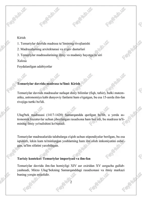 ) va 50 dan ortiq xujralar mavjud boʻlib, bu ularga bilim olish va yashash uchun qulay sharoit yaratib bergan. madrasalarda o'qitiladigan asosiy fanlar mantiq fani o'quv dasturida muhim o'rin tutgan. u orqali talabalar fikrlash qobiliyatini oshirib, 5 ta muhim universalni va 10 ta kategoriyani o'rganishgan. fiqh ilmi shariat qonunlari asosini o'rgatgan. talabalar 4 ta asosiy mazhabning (hanafiya, shofi'iya, molikiya, hanbaliya) asosiy tamoyillari bilan tanishgan. rhetorika (balog'at) arab tilining nozik jihatlarini o'rgatishga qaratilgan. 3 ta asosiy element: ma'ni, bayon va badiiy san'atning ahamiyati katta bo'lgan. o'quv dasturi va o'qitish usullari o'quv dasturi asosan diniy fanlarga yo'naltirilgan bo'lib, qur'on, hadis, tafsir va fiqh kabi 4 ta asosiy yo'nalishda chuqur bilim berishni maqsad qilgan. ta'lim uslublari orasida munozara, yodlash va takrorlash muhim ahamiyatga ega bo'lgan. talabalar matnlarni yod olib, ustozlar bilan 3 ta asosiy mavzuda bahs munozaralar olib borishgan. riyaziyot, astronomiya va tibbiyot kabi dunyoviy fanlar ham o'qitilgan, lekin ularning hajmi diniy fanlarga …