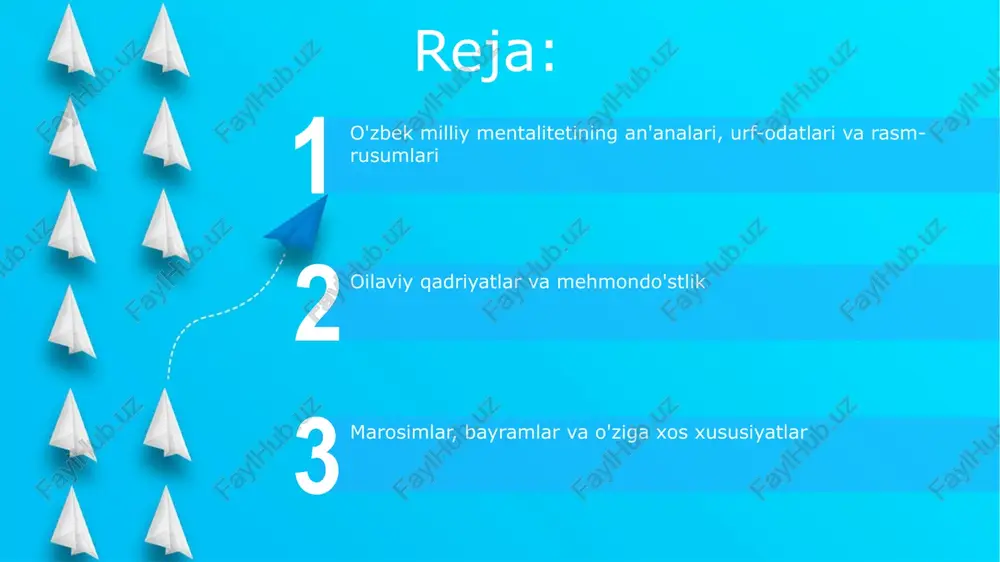 mi bo'lib, uning tayyorlanishi 7 xil mahsulotdan iborat murakkab va 15-20 soatlik marosimdir, bu birlik va barakani anglatadi. beshik to'yi va xatna qilish marosimlari start beshik to'yida *oltin beshik* (golden cradle) bolaga omad tilab, 7ta buyum bilan bezatiladi: quran, non, qaychi, tuz, piyoz, igna va soch. bu bolaning kelajagi uchun ramziy ma'noga ega. xatna qilish marosimi odatda 3, 5, yoki 7 yoshda o'g'il bolalarda o'tkaziladi. unda katta ziyofat berilib, oila va do'stlar bola uchun *sunnat to'yi*ni nishonlaydi, bu uning voyaga yetishining muhim bosqichidir. motam marosimlari va ularning o'ziga xosligi motam marosimlarida “yetti” yoki “qirq” kabi muhim sanalar yodga olinadi, bu marhumning xotirasini hurmat qilish va ruhi uchun duolar qilish uchun 7 va 40 kunlik yig'inlarni anglatadi. o'zbekistonning ayrim hududlarida, motam marosimlarida “osh” tayyorlash va tarqatish odati bor, bu marhumning xotirasini abadiylashtirish va jamoani birlashtirishning muhim elementi hisoblanadi. osh pishirish va dasturxon bezash an'analari osh pishirishda 7-9 xil masalliq ishlatiladi, har …