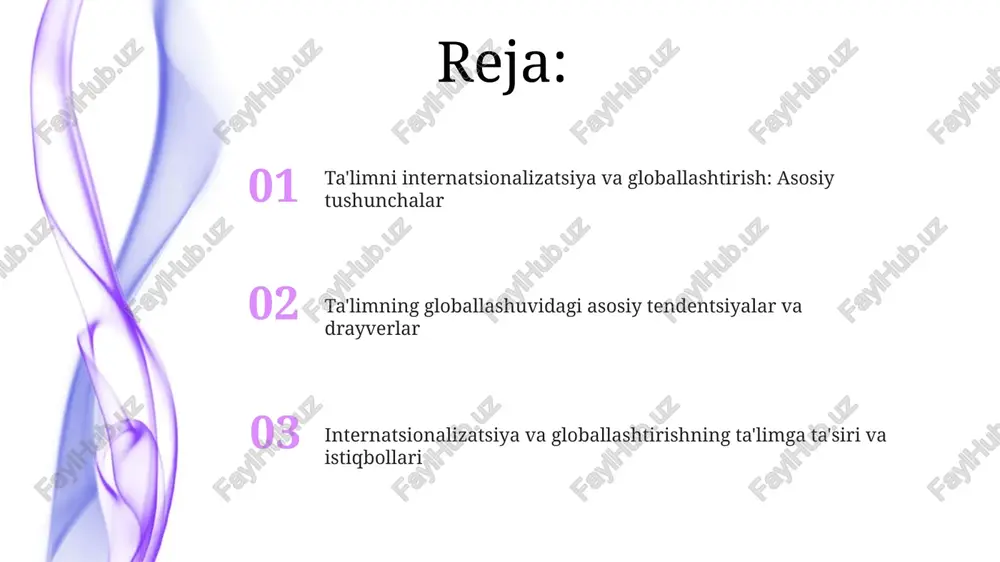 loballashuvning afzalliklari globallashuv ilm-fanni rivojlantirishga turtki beradi, xalqaro hamkorlik orqali yangi texnologiyalar va o'quv metodlari almashinuvi 30% ga oshadi. talabalarning xalqaro mobilligi ortishi orqali, ular turli madaniyatlar bilan tanishib, 21-asr ko'nikmalarini (muammolarni hal qilish, tanqidiy fikrlash) rivojlantiradilar. ta'limda internatsionalizatsiya va globallashuvning muammolari va xavflari ta'lim global standartlariga moslashish davrida milliy qadriyatlarning 10-20% yo'qolishi, madaniy o'zlikni saqlash masalasini dolzarb qiladi. xorijiy ta'lim dasturlari integratsiyasi mahalliy ta'lim tizimida 25-35% nomuvofiqliklarni keltirib chiqarishi, sifat nazoratini kuchaytirishni talab etadi. xalqaro ta'lim dasturlari va loyihalari erasmus+ dasturi yevropa ittifoqi tomonidan moliyalashtiriladi, 2014-yildan beri ta'lim, trening, yoshlar va sport sohalarida 4 milliard yevrodan ortiq mablag' ajratgan. fulbright dasturi aqsh davlat departamentining 160 dan ortiq mamlakatda faoliyat yurituvchi eng nufuzli almashinuv dasturlaridan biri bo'lib, 8000 ga yaqin stipendiya beradi. o'zbekistonda ta'limni internatsionalizatsiya va globallashtirish strategiyasi oliy ta'lim muassasalariga xorijiy professor-o'qituvchilarni jalb qilish va o'qitish metodikalarini takomillashtirish orqali ta'lim sifatini oshirish maqsad qilingan. 2017-2021 yillarda o'zbekiston respublikasini rivojlantirishning …