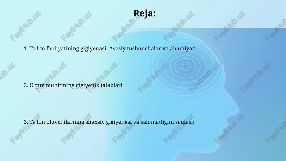 nomikasi o'quv mebellari balandligi o'quvchining bo'yiga mos bo'lishi kerak, ideal holda o'quv stoli balandligi tirsakdan 2-3 sm pastda bo'lishi lozim. ergonomik stullarda bel umurtqasini qo'llab-quvvatlovchi sozlanishi mumkin bo'lgan suyanchiq bo'lishi kerak, bu o'quvchining qaddi-qomatini saqlashga yordam beradi. dars jadvalini tuzishda gigiyenik talablar dars jadvalida eng qiyin fanlar haftaning 2-3 kunlariga joylashtirilishi kerak, chunki o'quvchilarning ish qobiliyati shu kunlarda yuqori bo'ladi. darslar orasidagi tanaffuslar kamida 10 daqiqa bo'lishi lozim, bu o'quvchilarning dam olishi va yangi materialni o'zlashtirishga tayyorlanishi uchun muhimdir. o'quv yuklamasini optimallashtirish o'quv yuklamasini optimallashtirishda 10-15% kamaytirish talabalarning charchoq darajasini pasaytiradi va o'zlashtirish sifatini oshiradi. o'quv rejasidagi takroriy mavzularni birlashtirish orqali 20-25 soat dars vaqtini tejash mumkin, bu esa o'qituvchilarning yukini yengillashtiradi. ko'rish gigiyenasi: ekran vaqtini cheklash 20-20-20 qoidasiga rioya qiling: har 20 daqiqada ekranga qaragandan so'ng, 20 soniya davomida 20 fut (6 metr) uzoqlikdagi narsaga qarang, ko'z zo'riqishini kamaytiring. ekranning yorqinligini moslashtiring; xona yorug'ligiga moslab, haddan tashqari yorqin yoki …