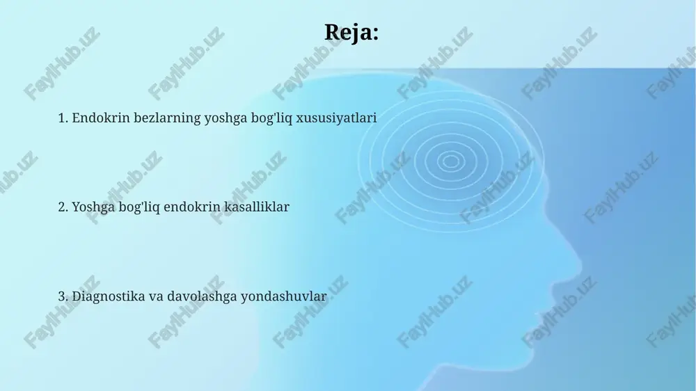 di. buyrak usti bezlarining yoshga bog'liq o'zgarishlari yosh o'tishi bilan buyrak usti bezlarining vazni kamayadi, ayniqsa po'stloq qismida 20 yoshdan 70 yoshgacha 20-30% gacha qisqarish kuzatiladi, bu esa gormonlar ishlab chiqarishiga ta'sir qilishi mumkin. buyrak usti bezlarida yog' to'planishi ortadi, ayniqsa glomerulyar zonada. bu 70 yoshdan oshganlarda ko'proq uchraydi va steroid gormonlar metabolizmining o'zgarishiga olib kelishi mumkin. yoshga bog'liq o'zgarishlar kortizol sekretsiyasining ritmini buzishi mumkin, kunduzgi darajalar nisbatan o'zgarmasligi bilan kechasi erta qariyalikda 15% ga oshishi mumkin, bu esa uyquga ta'sir qiladi. me'da osti bezining yoshga bog'liq o'zgarishlari va qandli diabet keksa odamlarda beta hujayralari soni kamayadi, bu esa glyukozaga nisbatan sezuvchanlikni pasaytiradi. natijada, 75 yoshdan oshganlarda qandli diabetning tarqalishi yuqori bo'lishi mumkin. yosh o'tishi bilan me'da osti bezining massasi 20% gacha kamayishi mumkin, bu insulin ishlab chiqarishning pasayishiga olib keladi va qandli diabet 2-toifasining xavfini oshiradi. qandli diabet bilan kasallangan keksa odamlarda giperglikemiyadan tashqari gipoglikemiyaning ham xavfi yuqori, bu …