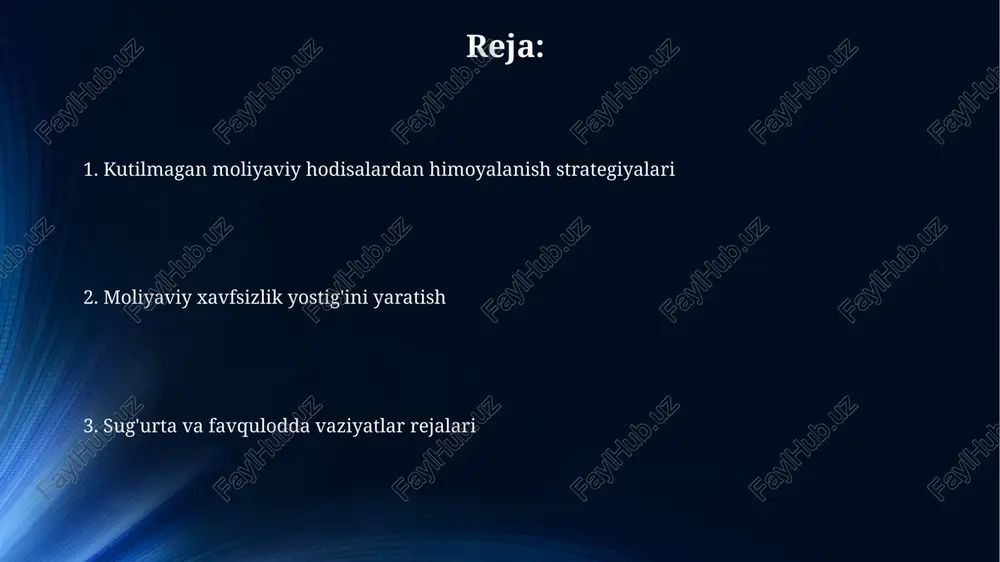 ri, masalan, ijara, dividendlar va frilans ishlari moliyaviy barqarorlikni oshiradi, chunki bir oqim kamaysa, boshqalari qoplay oladi. moliyaviy rejalashtirish va byudjetlashtirish moliyaviy rejalashtirishda "50/30/20" qoidasidan foydalanish mumkin: daromadning 50% ehtiyojlar, 30% istaklar va 20% jamg'arma/qarz to'lovlariga ajratiladi, bu moliyaviy barqarorlikni oshiradi. byudjetlashtirishda "konvert usuli"ni qo'llash: naqd pulni har bir xarajat toifasi uchun alohida konvertlarga ajratish, bu xarajatlarni nazorat qilish va ortiqcha sarf-xarajatlarning oldini olishga yordam beradi. e'tiboringiz uchun rahmat image6.jpg image7.jpg image8.jpg image9.jpg image10.jpg image11.jpg image4.jpeg