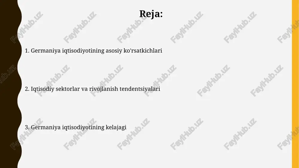 yevroni tashkil etdi. germaniya to'g'ridan-to'g'ri xorijiy investitsiyalar (txi) uchun jozibador bo'lib, 2022-yilda 1,2 trillion yevroga yetdi, bu esa innovatsiyalar va yuqori malakali ishchi kuchidan dalolat beradi. muammolar va istiqbollar germaniya iqtisodiyotining muammolaridan biri demografik o'zgarishlar bo'lib, 2035-yilga borib ishchi kuchining 7 millionga kamayishi kutilmoqda, bu esa iqtisodiy o'sishni cheklaydi. energetika inqirozi germaniya iqtisodiyotiga jiddiy ta'sir ko'rsatmoqda, ayniqsa, gaz importiga qaramlikni kamaytirish va qayta tiklanadigan energiya manbalariga o'tishdagi qiyinchiliklar bilan bog'liq. xulosa germaniya iqtisodiyoti yevropa ittifoqi yaimning taxminan 25 foizini tashkil etadi, bu esa uni mintaqadagi eng yirik iqtisodiyotga aylantiradi, eksportga kuchli e'tibor beriladi. germaniya sanoat mahsuloti, ayniqsa avtomobillar va mashinasozlik sohalarida yetakchi hisoblanadi, ushbu sektorlar germaniya iqtisodiyotining muhim qismini tashkil etadi va katta miqdorda daromad keltiradi. e'tiboringiz uchun rahmat image2.jpg image3.jpg image4.jpg image5.jpg image6.jpg image7.jpg image8.jpg