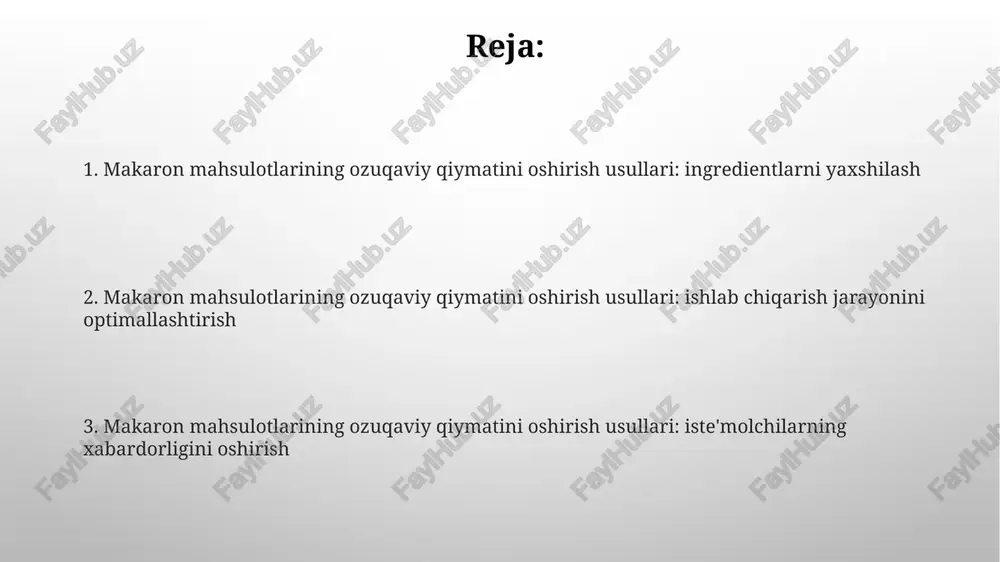 qiymatini sezilarli darajada oshiradi, masalan, 100 gramm makaronga 20-25 gramm dukkakli oqsillarni kiritish orqali. dukkakli unidan foydalanish, masalan, 30% yasmiq uni bilan 70% oddiy un aralashmasi, tolalar va b vitaminlari miqdorini oshiradi. sabzavotlarni kiritish sabzavot pyuresini qo'shish, masalan, 25% ismaloq yoki qovoq, a va c vitaminlari, shuningdek, tolalar miqdorini oshirishi mumkin, shu bilan birga makaronning rangini va ta'mini biroz o'zgartiradi. makaron xamiriga maydalangan quritilgan sabzavotlarni (20-30 gramm) qo'shish, masalan, pomidor kukuni yoki qizil lavlagi, muhim ozuqa moddalarini, shu jumladan antioksidantlarni ta'minlaydi va saqlash muddatini uzaytiradi. superfood ingredientlarini integratsiya qilish superfoodlar, masalan, spirulina (60% oqsil) yoki chia urug'lari (34% tolaga boy), pastaning ozuqaviy qiymatini oshirib, undagi vitamin va minerallarni ko'paytiradi. kinoa (14% oqsil) va amarant (13-14% oqsil) kabi superfood donlarini pastaga qo'shish oqsil miqdorini sezilarli darajada oshiradi, shuningdek, aminokislotalar balansini yaxshilaydi. vitaminlar va minerallar bilan boyitish temir (fe) va foliy kislotasi bilan boyitish, ayniqsa, reproduktiv yoshdagi ayollar uchun muhim. bu defekti …