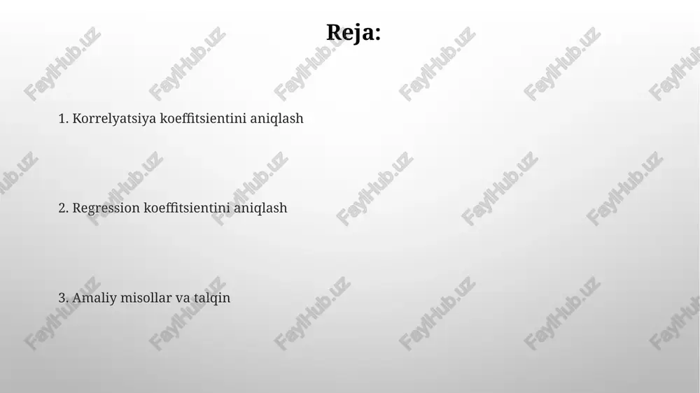 hining (bog'liq o'zgaruvchi) qiymatini boshqa bir yoki bir nechta o'zgaruvchilar (erkin o'zgaruvchilar) asosida taxmin qilish imkonini beradi. oddiy chiziqli regressionda, bitta erkin o'zgaruvchi mavjud bo'lib, bog'liqliqni ifodalash uchun y = a + bx tenglama ishlatiladi, bu yerda 'a' kesishma va 'b' esa qiyalikdir. oddiy chiziqli regressiya oddiy chiziqli regressiya bir mustaqil o'zgaruvchidan foydalanib, bitta bog'liq o'zgaruvchini taxmin qiladi; u y= b0 + b1*x formulasi orqali ifodalanadi, bunda b0 va b1 - regressiya koeffitsientlari. regressiya koeffitsientlari (b0, b1) eng kichik kvadratlar usuli yordamida aniqlanadi, bunda xatoliklarning yig'indisi minimallashtiriladi, bu esa eng yaxshi mos chiziqni topishga imkon beradi. regressiya koeffitsientlarini aniqlash regressiya koeffitsientlari, masalan, b1, bog'liq o'zgaruvchi (y) ning mustaqil o'zgaruvchi (x) ning bir birlik o'zgarishi bilan qancha o'zgarishini ko'rsatadi. eng kichik kvadratlar usuli regressiya koeffitsientlarini aniqlashda keng qo'llaniladi; u kuzatilgan va bashorat qilingan qiymatlar orasidagi kvadrat farqlarning yig'indisini minimallashtiradi. determinatsiya koeffitsienti (r-kvadrat) r-kvadrat qiymati 0 dan 1 gacha bo'lgan oraliqda bo'ladi, …