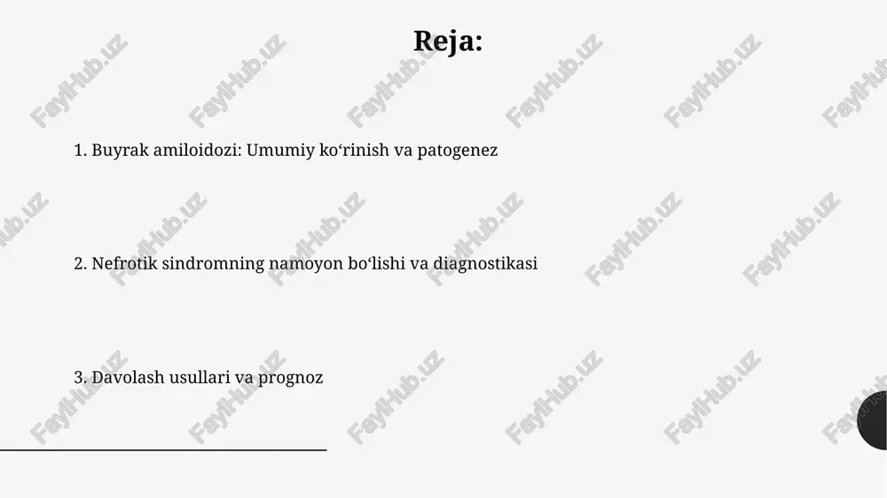 asida yuzaga keladi, unda zardob amiloid a oqsili fibrillalari buyraklarda to'planadi. etiologiya va patogenez al amyloidosisda immunoglobulin yengil zanjirlarining noto'g'ri katlanishi va agregatsiyasi tufayli 70 dan ortiq % hollarda buyrak shikastlanishi yuzaga keladi. aa amyloidosis surunkali yallig'lanish kasalliklari natijasida 12-o'rnidagi o'tkir faza oqsili saa ning ortiqcha ishlab chiqarilishi va konversiyasi tufayli yuzaga keladi. xavf omillari surunkali yallig'lanish kasalliklari, masalan, revmatoid artrit, 50% gacha holatlarda aa amiloidoziga sabab bo'lishi mumkin, bu buyrak shikastlanishiga olib keladi. miyeloma kabi monoklonal gammopatiyalar al amiloidoziga olib kelishi mumkin, bunda immunoglobulin yengil zanjirlari 20-25% hollarda buyraklarda to'planadi. klinik ko'rinish nefrotik sindromning klinik ko'rinishiga oyoqlarda shish, proteinuriya (kuniga 3,5 grammdan ortiq oqsil yo'qotish) va gipoalbuminemiya (qon zardobida albumin miqdori 30 g/l dan kam) kiradi. buyrak amiloidozida arterial gipertenziya ko'pincha kuzatiladi, bu renin-angiotenzin tizimining faollashuvi va natriyning ushlab qolinishi bilan bog'liq bo'lishi mumkin, qon bosimi ko'tariladi. diagnostika buyrak amiloidozini tashxislashda siydikda oqsil miqdori 3,5 g/24 soatdan oshsa, nefrotik …