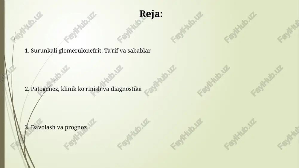 uriya, sutkasiga 3.5 grammdan ortiq) kuzatilishi mumkin. surunkali glomerulonefritning klinik alomatlari progressiv buyrak yetishmovchiligi bilan bog'liq bo'lib, kreatinin darajasining 1.5 mg/dl dan yuqori bo'lishi va glomerular filtratsiya tezligining pasayishi kuzatiladi. diagnostika surunkali glomerulonefrit diagnostikasi siydik tahlilini o'z ichiga oladi, unda proteinuriya, gematuriya va siydik cho'kmasidagi silindrlar miqdori aniqlanadi, bu buyrak shikastlanishini ko'rsatadi. buyrak biopsiyasi glomerulyar shikastlanish darajasini aniqlash, patologik o'zgarishlarni baholash va kasallikning sababini aniqlash uchun zarur bo'lgan invaziv diagnostika usulidir. differensial diagnostika surunkali glomerulonefritni nefrotik sindrom bilan kechadigan boshqa kasalliklardan, masalan, minimal o'zgarishlar kasalligi (mcd) yoki fokal segmental glomerulosklerozdan (fsgs) farqlash muhim. siydik tahlilida doimiy gematuriya (qizil qon hujayralari) va proteinuriya (1-3 gramm) aniqlansa, surunkali glomerulonefritni differensial diagnostikasi o'tkaziladi, bu esa o'tkir poststreptokokli glomerulonefritdan farq qilishi kerak. asoratlar asoratlar uzoq muddatli buyrak kasalligi (masalan, surunkali glomerulonefrit) bilan bog'liq bo'lishi mumkin, bu 50% dan ortiq bemorlarda yuqori qon bosimiga olib kelishi mumkin. nefrotik sindrom, surunkali glomerulonefritning bir asorati, kuniga 3,5 …