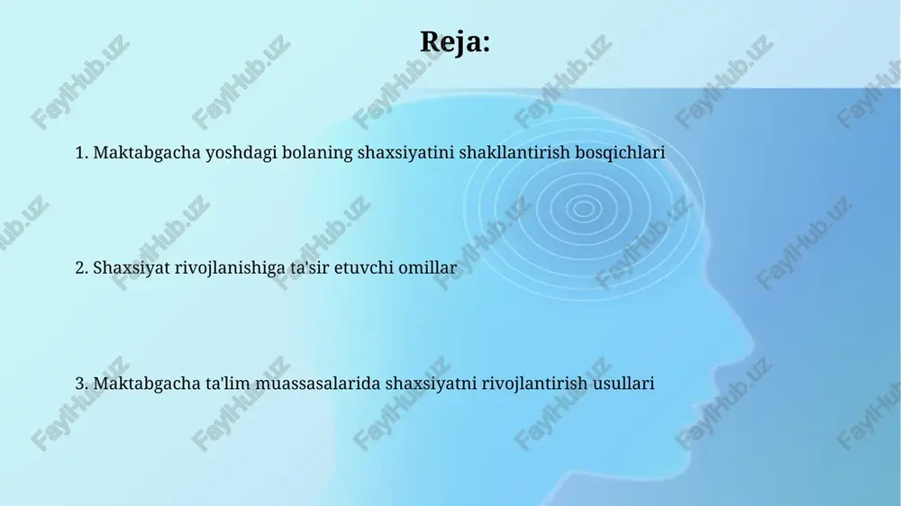hdagi bolaning o'yin muhiti, bolaning o'zini tutishi va dunyoqarashini shakllantiradi. o'yinning shaxsiyat rivojlanishidagi roli o'yin, ayniqsa rolli o'yinlar, 3-5 yoshli bolalarda empatiya, hamkorlik va ijtimoiy ko'nikmalarni rivojlantiradi, bu esa shaxsiyat shakllanishida muhim ahamiyatga ega. o'yin jarayonida 2-3 yoshli bolalar turli xil rollarni bajarib, o'zini boshqalarning o'rniga qo'yishni o'rganadi, bu esa ularning shaxsiy xususiyatlarini boyitadi. ijtimoiy-hissiy rivojlanish va uning shaxsiyatga ta'siri ijtimoiy-hissiy rivojlanish, 3-5 yoshda, do'stlashish, almashish kabi ijtimoiy ko'nikmalarni o'rgatadi va shaxsiy munosabatlarga ta'sir qiluvchi empatiya shakllanishiga yordam beradi. emotsiyalarni boshqarish qobiliyati, 4 yoshdan boshlab, ijtimoiy o'zaro ta'sirni yaxshilaydi, agressiya va xavotirlikni kamaytiradi, shaxsning muvaffaqiyatli moslashuviga hissa qo'shadi. shaxsiyatdagi muammolarni aniqlash va ularni bartaraf etish yo'llari bolaning shaxsiy muammolarini 3-5 yoshda aniqlash muhim, masalan, tajovuzkorlik, o'jar harakatlar yoki doimiy qo'rquv, ularning sabablarini o'rganish va tushuntirish kerak. oilada qat'iy intizom yoki e'tiborsizlik 2 yoshdan 6 yoshgacha bo'lgan bolalarda shaxsiy muammolarga olib kelishi mumkin; muammoni bartaraf etish uchun ota-onalar bilan maslahatlashish kerak. …