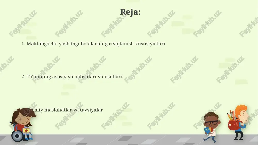 murakkab gaplarga o'tishni boshlaydilar, qo'shma gaplarni ishlatadilar, kelishiklar va sonlar bilan bog'liq grammatik qoidalarni anglaydilar. kognitiv rivojlanish: tafakkur va xotira 3-5 yoshda tafakkur ko'rgazmali-obrazli bo'lib, bolalar voqealarni faqat ko'rgan narsalari orqali anglaydi, abstrakt tushunchalar esa qiyin. maktabgacha yoshdagi xotira beixtiyor rivojlanadi; 4 yoshli bola biror narsani qiziq bo'lsa, oson eslab qoladi, lekin maqsadli yodlash hali sust. ijtimoiy-emotsional rivojlanish: his-tuyg'ularni boshqarish 3-5 yoshda bolalar his-tuyg'ularini boshqarishda qiyinchiliklarga duch kelishadi, chunki miyaning prefrontal korteksi hali to'liq rivojlanmagan, bu esa impulsiv harakatlarga olib keladi. empatiyani rivojlantirish, 4-6 yoshda, his-tuyg'ularni boshqarishning muhim qismi bo'lib, boshqa bolalarning his-tuyg'ularini tushunish va ularga javob berish qobiliyatini shakllantiradi. o'yin faoliyati: rivojlanishning asosiy vositasi o'yin faoliyati 3 yoshdan 6 yoshgacha bo'lgan bolalar uchun kognitiv, ijtimoiy va hissiy rivojlanishning asosi bo'lib, ularga rol o'ynash orqali dunyoni o'rganishga imkon beradi. pre-maktab yoshidagi bolalar o'yin orqali o'zlarining nutqini, lug'at boyligini va muloqot qobiliyatlarini rivojlantiradilar, bu esa ularga 5-7 ta so'zdan iborat murakkab …
