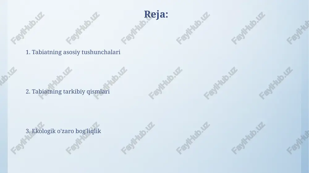 eraning asosiy qatlami troposfera, yer yuzidan 10-15 km balandlikda joylashgan bo'lib, ob-havo hodisalari va harorat o'zgarishlarining asosiy qismini o'z ichiga oladi. iqlim elementlari, masalan, harorat, yog'ingarchilik va shamol tezligi, bir hududning uzoq muddatli o'rtacha ob-havo sharoitlarini belgilaydi, 30 yillik o'rtacha ko'rsatkichlar orqali aniqlanadi. biotik komponentlar: o'simliklar dunyosi o'simliklar, yer yuzidagi asosiy avtotroflar sifatida, fotosintez orqali 100 milliard tonnadan ortiq organik modda ishlab chiqaradi, atmosfera kislorodini ta'minlaydi. fitotsenozlar, o'simliklar jamoalari, ekotizimlarning barqarorligini ta'minlaydi. ularning 300 mingdan ortiq turi mavjud bo'lib, ular bioxilma-xillikni shakllantiradi. biotik komponentlar: hayvonot dunyosi hayvonot dunyosi ekotizimlarda muhim rol o'ynaydi, masalan, 700 dan ortiq o'simlik turining changlanishida ishtirok etadi va o'simliklar urug'ini tarqatadi. ular oziq-ovqat zanjirida 3 ta asosiy rolga ega: iste'molchilar (geotrof), yirtqichlar (predator) va parazitlar, shu bilan moddalar almashinuvini ta'minlaydi. mikroorganizmlarning roli mikroorganizmlar tuproq unumdorligini oshirishda muhim rol oʻynaydi, azotni fiksatsiya qiluvchi bakteriyalar atmosferadagi n2 ni oʻsimliklar uchun foydali ammoniy (nh4+) ga aylantiradi. chirituvchi mikroorganizmlar, jumladan …