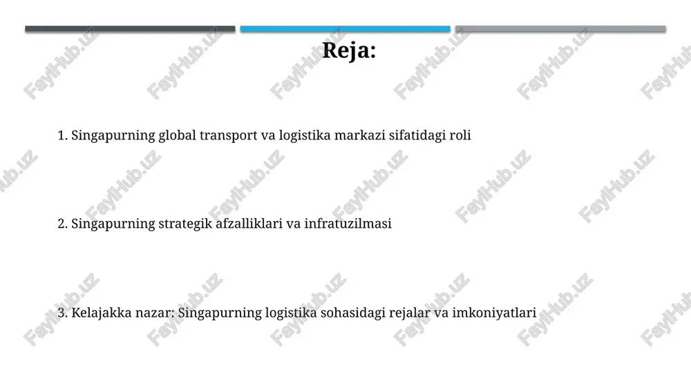 a bo'lib, yevropa va osiyo o'rtasida muhim transport yo'lagini ta'minlaydi. changi xalqaro aeroporti: aviatsiya uzoqlashuvi changi aeroporti 5400 gektardan ziyod maydonni egallaydi, bu esa unga uzoq muddatli aviatsiya ehtiyojlarini qondirish uchun katta imkoniyatlar yaratadi. aeroport yiliga 82 million yo'lovchiga xizmat ko'rsatish quvvatiga ega, bu uning mintaqaviy va global aviatsiya markazi sifatidagi muhim ahamiyatini belgilaydi. logistika xizmatlarining ekotizimi singapurda 140 dan ortiq logistika kompaniyalari mavjud, ular orasida dhl, fedex kabi global gigantlar ham bor, bu esa xizmatlar raqobatini va innovatsiyalarni kuchaytiradi. singapurning strategik joylashuvi va erkin savdo shartnomalari 130 dan ortiq mamlakat bilan bog'lanishni ta'minlaydi, bu esa tranzit va qayta eksport operatsiyalarini soddalashtiradi. davlat siyosati va qo'llab-quvvatlashi singapur hukumatining strategik investitsiyalari, masalan, changi aeroportining 5-terminali kabi yirik infratuzilma loyihalarini qo'llab-quvvatlash, global transport bog'lanishini mustahkamlaydi. singapur kompaniyalarini moliyaviy rag'batlantirish va soliq imtiyozlari bilan ta'minlash orqali innovatsion logistika yechimlarini ishlab chiqish va qabul qilishni rag'batlantiradi. texnologiya va innovatsiyalar singapurning logistika sohasida texnologiyalarni integratsiyalashuvi …