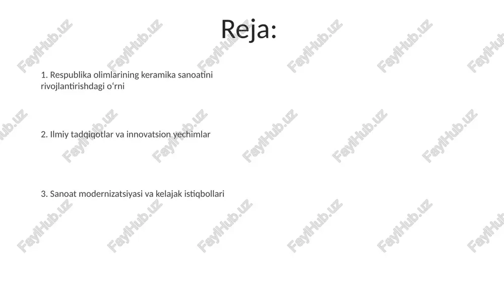 rini 20-asrning oxiridan boshlab chuqur o'rganish, ularning termik barqarorligini 30% ga oshirishga qaratilgan. materialshunoslikdagi yutuqlar materialshunoslik sohasida yangi polimer materiallar yaratildi, ularning issiqlikka chidamlilik ko'rsatkichi 250°c dan yuqori bo'lib, aviatsiya sanoatida qo'llanilishi mumkin. keramika tarkibidagi nanozarrachalarni o'rganish orqali 10-20 nm o'lchamdagi kremnezem zarralari sinterlash jarayonini tezlashtirishi aniqlandi, bu esa mahsulot sifatini oshiradi. materiallarning korroziyaga chidamliligini oshirish uchun yangi qoplamalar ishlab chiqildi; ular 95% dan ortiq himoya samaradorligini ta'minlaydi va 10 yildan ortiq xizmat qiladi. texnologik innovatsiyalar keramika sanoatida 3d bosib chiqarish texnologiyalari, murakkab geometriyaga ega mahsulotlarni yaratishda 25% gacha xarajatlarni kamaytirish va ishlab chiqarish tezligini oshirish imkonini beradi. nanomateriallar qo'llanilishi keramika mahsulotlarining mustahkamligini 40% ga oshiradi va ularning issiqlik o'tkazuvchanligini yaxshilaydi, shu bilan ularning uzoq muddat xizmat qilishini ta'minlaydi. aqlli keramika ishlab chiqarish uchun sensorlar va avtomatlashtirilgan boshqaruv tizimlari joriy etilishi, sifat nazoratini 30% ga yaxshilaydi va resurslardan foydalanish samaradorligini oshiradi. mahalliy xomashyoni o'rganish mahalliy xomashyoni o'rganish orqali respublika olimlari …