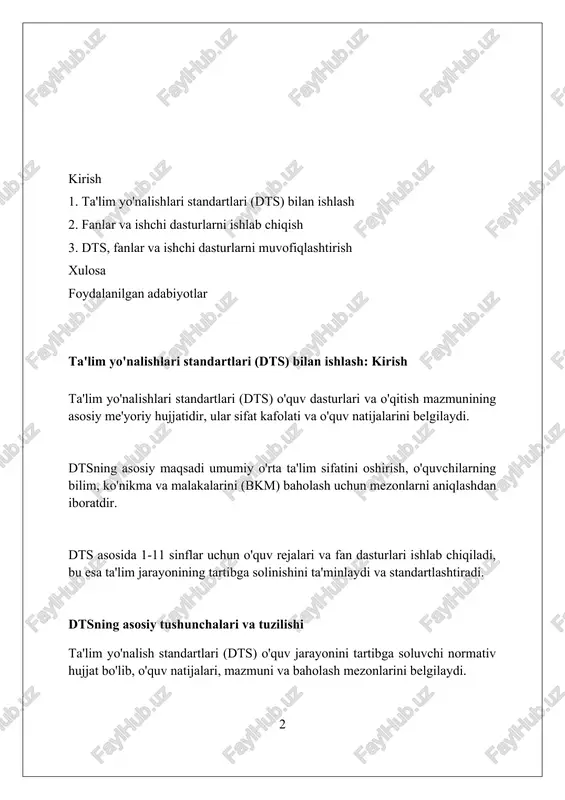 dts bilan uzviy bog'liq bo'lib, har bir fan o'quv dasturining mazmuni dts talablariga muvofiq ishlab chiqiladi, bu esa 70%dan ortiq moslikni ta'minlaydi. dts o'quv fanlarining maqsad va vazifalarini belgilab beradi, bunda 8 ta asosiy kompetensiya shakllantirilishi ko'zda tutiladi, har bir fanning 2-3 tasi bilan bog'liq. o'quv fanlari dts asosida baholanadi, o'quvchilarning bilim, ko'nikma va malakalari 5 ballik tizimda, shuningdek, formativ baholash usullari orqali aniqlanadi. ishchi dasturlar: maqsadi va vazifalari ishchi dasturlar o'quv jarayonining asosiy maqsadi, talabalarga o'quv materiallarini aniq va tizimli ravishda 100% yetkazishni ta'minlash hisoblanadi. vazifalari orasida o'quv rejasini 80% to'ldirish, talabalarning bilim darajasini baholash mezonlarini ishlab chiqish va 20% o'zlashtirishni rag'batlantirish mavjud. dasturlar fanlararo aloqalarni 95% mustahkamlash, ta'lim texnologiyalaridan 5% samarali foydalanish va talabalarning mustaqil fikrlash qobiliyatini rivojlantirishga qaratilgan. dts asosida ishchi dasturlarni ishlab chiqish dts asosida ishchi dasturlarni ishlab chiqishda o'quv maqsadlari aniq belgilanishi, ularga erishish uchun 70% amaliy va 30% nazariy mashg'ulotlar rejalashtiriladi. ishchi dasturlar dts …