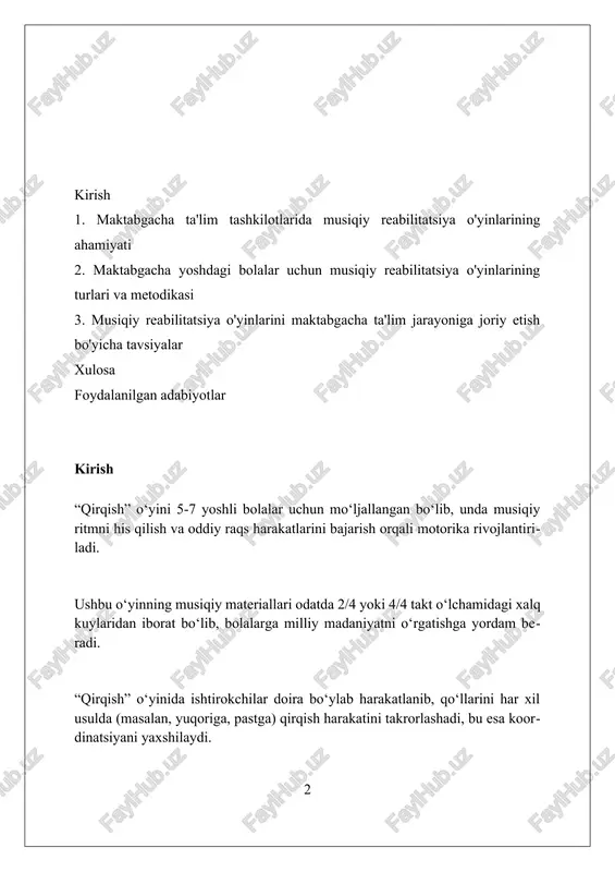 olalarning diqqatini jamlash, xotirani yaxshilash va nutqni rivojlantirishga yordam beradi. musiqiy remedial o'yinlar, 2 asosiy maqsadga yo'naltirilgan: bolalarning individual ehtiyojlarini qondirish va ularning umumiy rivojlanishiga 9 ta mashqlar to'plami orqali ko'maklashishni ta'minlaydi. maktabgacha yoshdagi bolalar uchun musiqiy remedial o'yinlarning turlari ritmik takrorlash o'yinlari, masalan, 'qo'llaringni chal', bolalarga 4/4 taktda musiqa ritmini his qilishga yordam beradi, notalar uzunligini tushunishni rivojlantiradi. tovushlarni ajratish o'yinlari, 'hayvon ovozini top', bolalarning eshitish qobiliyatini rivojlantiradi va turli xil musiqa asboblarining (pianino, baraban) ovozini farqlashga o'rgatadi. 'muzlatilgan raqs' kabi harakatli o'yinlar bolalarda musiqiy didni shakllantirish, 3/4 va 6/8 o'lchamdagi musiqiy frazalarni his qilish, koordinatsiya va muvozanatni rivojlantiradi. musiqiy remedial o'yinlarning afzalliklari musiqiy remedial o'yinlar bolalarning 7 ta asosiy ko'nikmasini rivojlantiradi: eshitish, xotira, diqqat, ritm hissi, koordinatsiya, nutq va ijodiy fikrlash qobiliyati, ularni maktabga tayyorlaydi. o'yinlar orqali bolalar 3 yoshdan boshlab hissiy barqarorlikka erishadilar, o'ziga ishonch ortadi va tashvish darajasi pasayadi. bu esa, ularning ijtimoiy moslashuviga yordam beradi. …