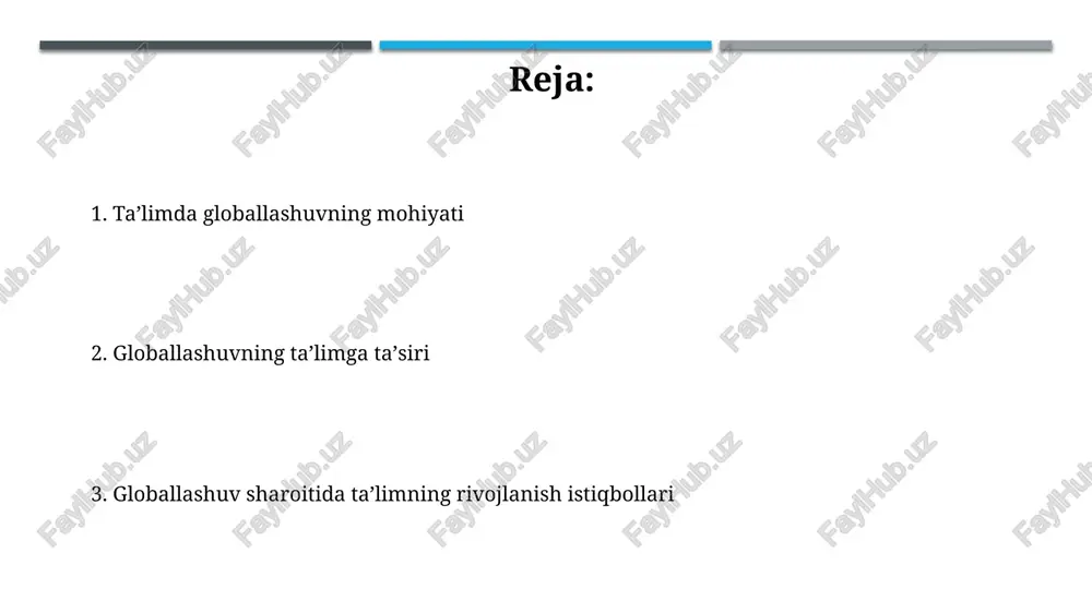 niy tajribalarni olish va o'z sohalari bo'yicha xalqaro perspektivalarni o'rganish imkonini beradi, masalan, erasmus+ programmasi. almashinuv dasturlari, odatda, bir semestr yoki bir o'quv yilini qamrab oladi va talabalarga xorijiy universitetda o'qish hamda kreditlarni o'z universitetida tan olish imkonini beradi. onlayn ta'limning roli onlayn ta’lim geografik cheklanishlarni olib tashlaydi, bu esa 7.8 milliard aholiga ega dunyoda sifatli ta’lim resurslaridan foydalanish imkoniyatini oshiradi. raqamli texnologiyalarning rivojlanishi bilan onlayn ta’lim bozorining hajmi 2027 yilga kelib 325 milliard dollarga yetishi kutilmoqda, bu esa o’sish tendensiyasini ko’rsatadi. madaniy almashinuv va tillarni o'rganish madaniy almashinuv talabalarga 2 tilda ta'lim berish orqali, ularning global miqyosdagi xabardorligini oshiradi va madaniy hurmatni mustahkamlaydi. til o'rganish dasturlari, masalan erasmus+, 30 dan ortiq mamlakatda talabalar va o'qituvchilarning xalqaro tajriba orttirishiga yordam beradi. global raqobatbardoshlik global raqobatbardoshlik ta'limda 21-asr ko'nikmalarini, masalan, tanqidiy fikrlash va muammolarni hal qilishni o'zlashtirishni anglatadi, bu esa bitiruvchilarga xalqaro miqyosda muvaffaqiyat qozonishga yordam beradi. global raqobatbardoshlik oliy ta'lim …