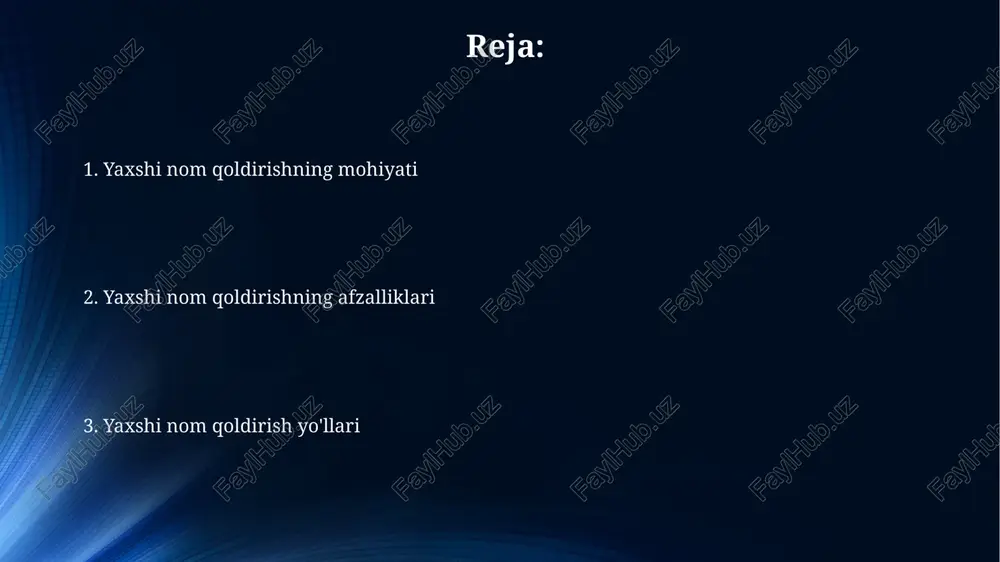 ng jamiyatga foydasi yaxshi nom jamiyatda ishonchni mustahkamlaydi, bu iqtisodiy o'sish uchun muhim, chunki 70% hollarda odamlar ishonchli shaxslar bilan biznes qilishni afzal ko'rishadi. yaxshi nom jamiyatda ijobiy namunalar yaratadi, 85% hollarda yoshlar yaxshi nom qoldirgan shaxslarga taqlid qilishga intilishadi, bu esa axloqiy qadriyatlarni mustahkamlaydi. salbiy nomning oqibatlari salbiy nom, birinchi navbatda, ictimoiy ishonchni yo'qotishga olib keladi, bu esa kelgusida hamkorlik va aloqalarni qiyinlashtiradi. shaxsiy hayot va biznesdagi imkoniyatlar 60% gacha qisqarishi mumkin. yomon obro' xalq orasida 85% gacha noxush munosabatni keltirib chiqarishi mumkin, bu esa stress, tushkunlik va ijtimoiy izolyatsiyaga olib keladi. ruhiy salomatlikka jiddiy ta'sir qiladi. tarixdan ibratli misollar ibn sino tibbiyotda 450 dan ortiq asarlar yaratdi, uning "tib qonunlari" 5 asr davomida yevropa universitetlarida asosiy darslik bo'lganligi ibratli namuna. amir temur davlatni adolat va qonun ustuvorligi asosida boshqargan. 1370-1405 yillar oralig'ida ilm-fan, madaniyat va savdoni rivojlantirgani bizga o'rnakdir. zamonaviy dunyoda yaxshi nom qoldirishning ahamiyati onlayn reputatsiya xxi …
